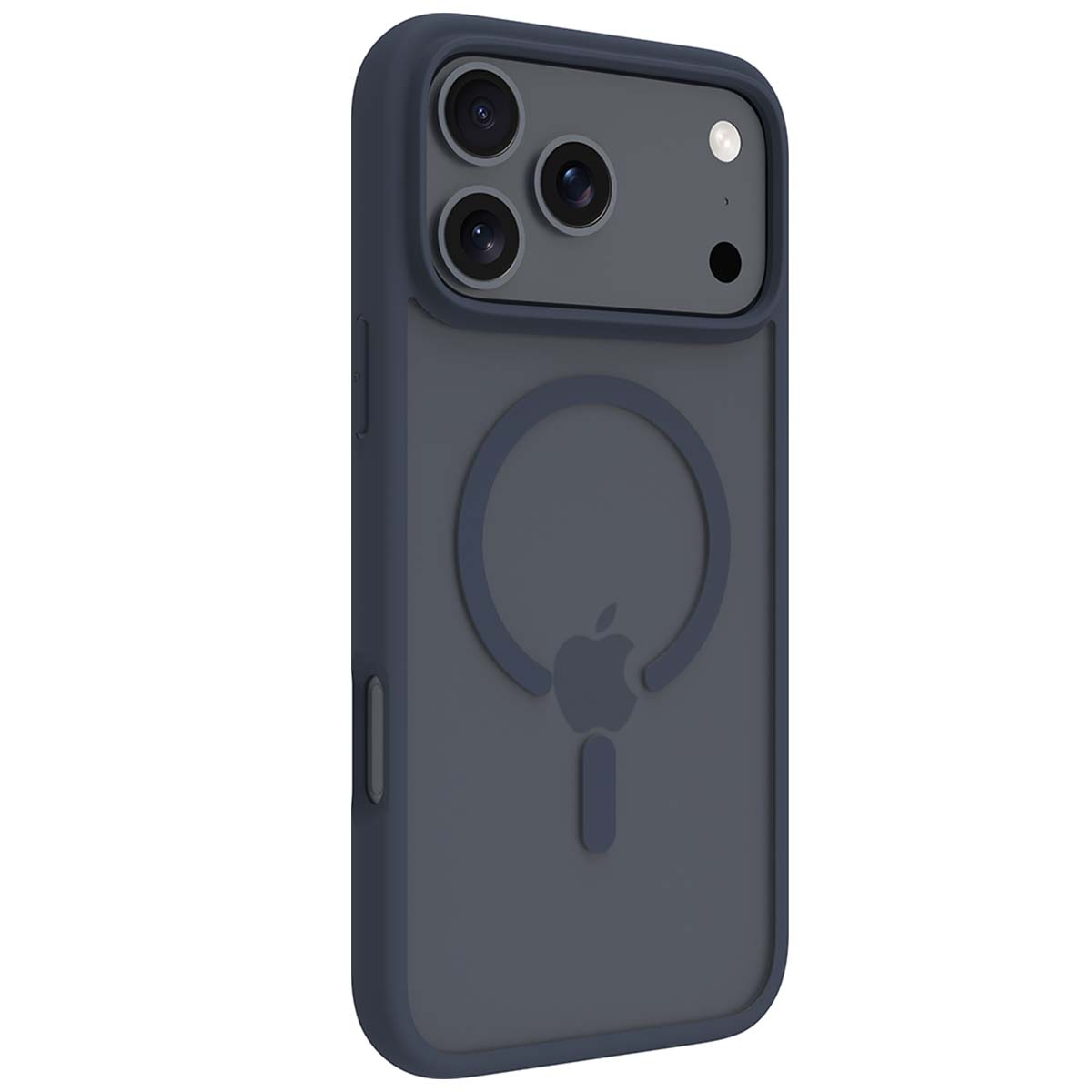 Una custodia blu scuro per iPhone con tre lenti della fotocamera e un logo Apple.