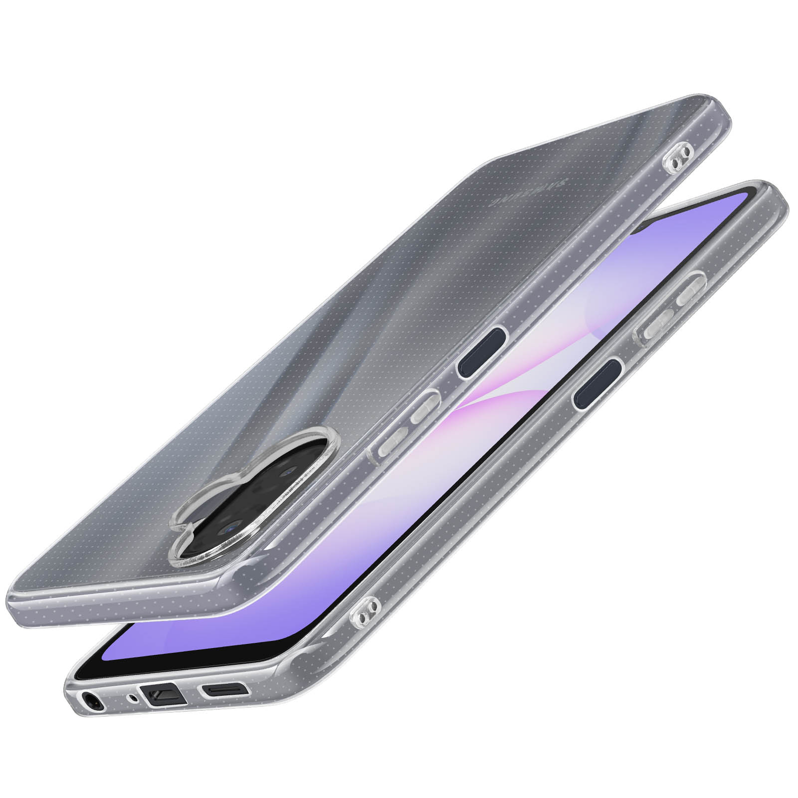 Una funda transparente y punteada para teléfono con un teléfono dentro. La pantalla del teléfono es visible, mostrando un tono púrpura.