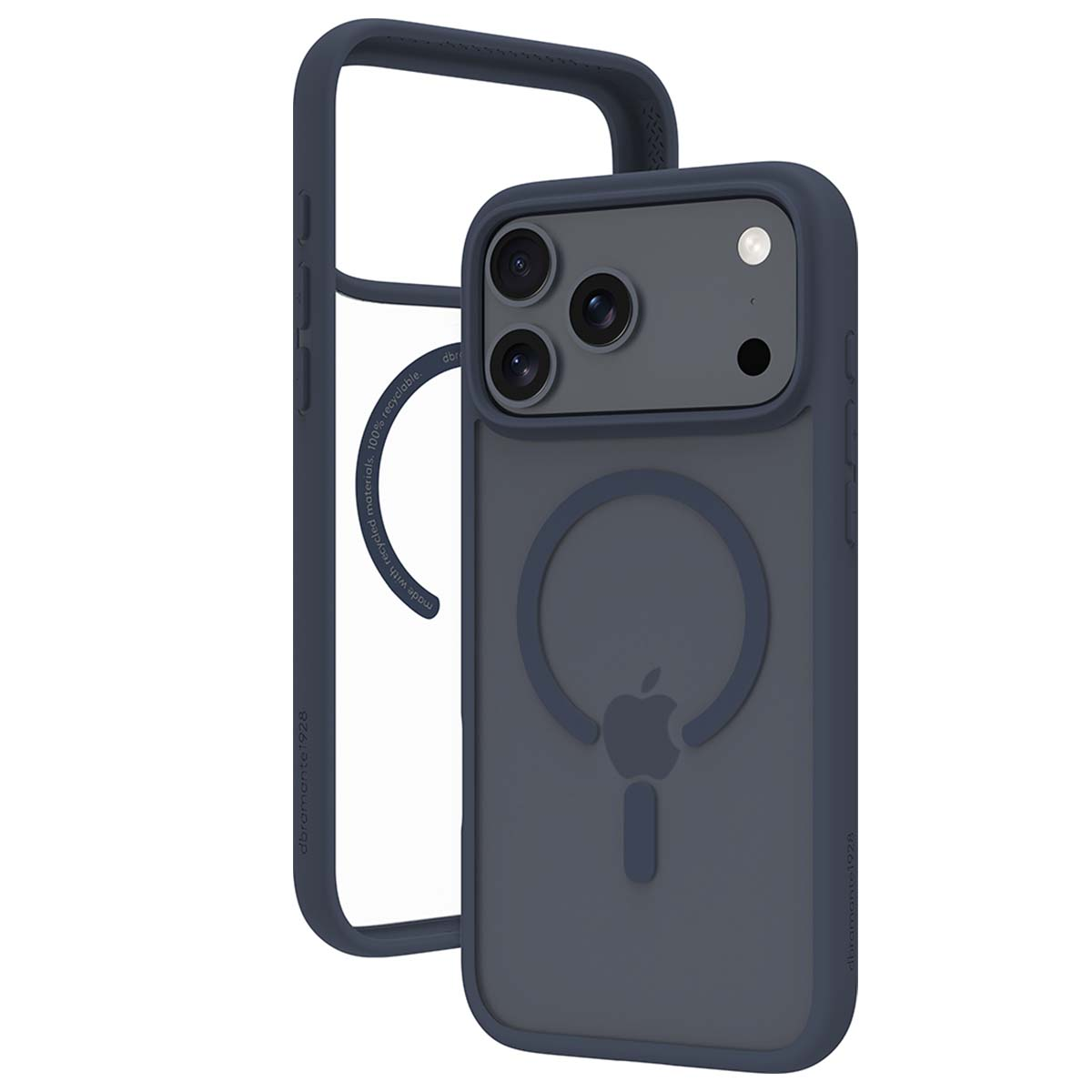 Una custodia per telefono blu scuro con logo Apple e ritagli per la fotocamera. Accanto c'è un telaio trasparente. La custodia è realizzata con materiali riciclati.