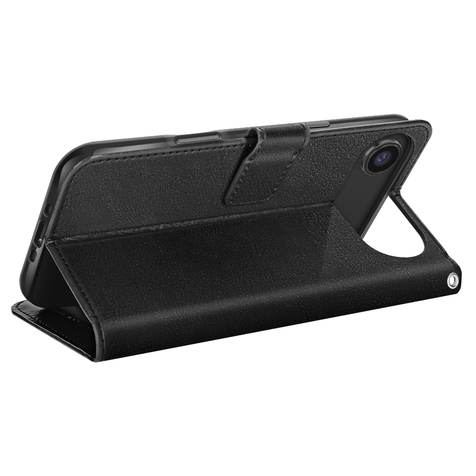 Custodia nera per telefono con ritaglio per fotocamera, aperta per mostrare il telefono all'interno, su sfondo bianco.