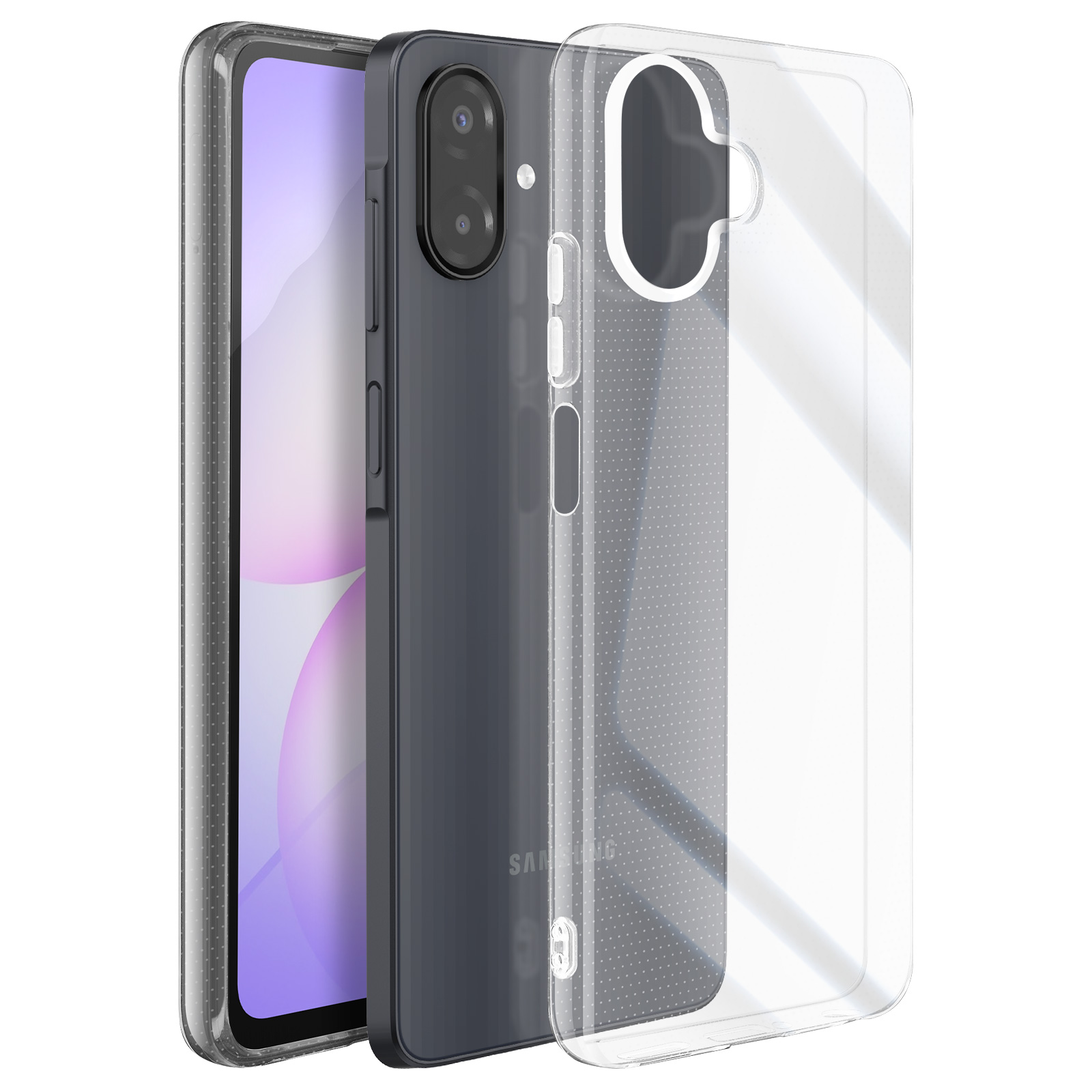 Un smartphone gris oscuro con una funda transparente. El teléfono tiene cámaras y botones. La funda tiene un patrón de puntos.