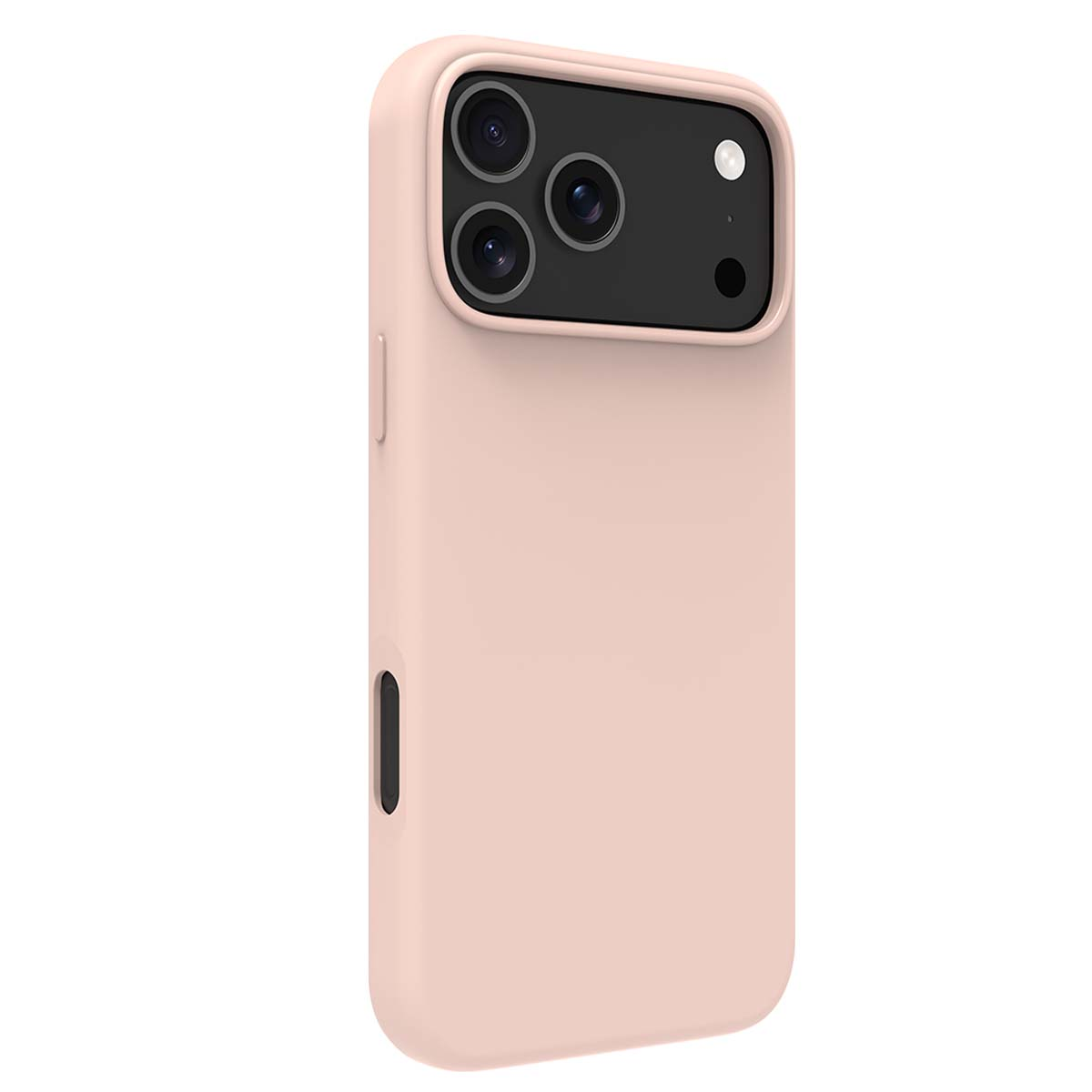 Une coque de téléphone rose avec trois objectifs et un flash. La coque couvre l'arrière et les côtés du téléphone.