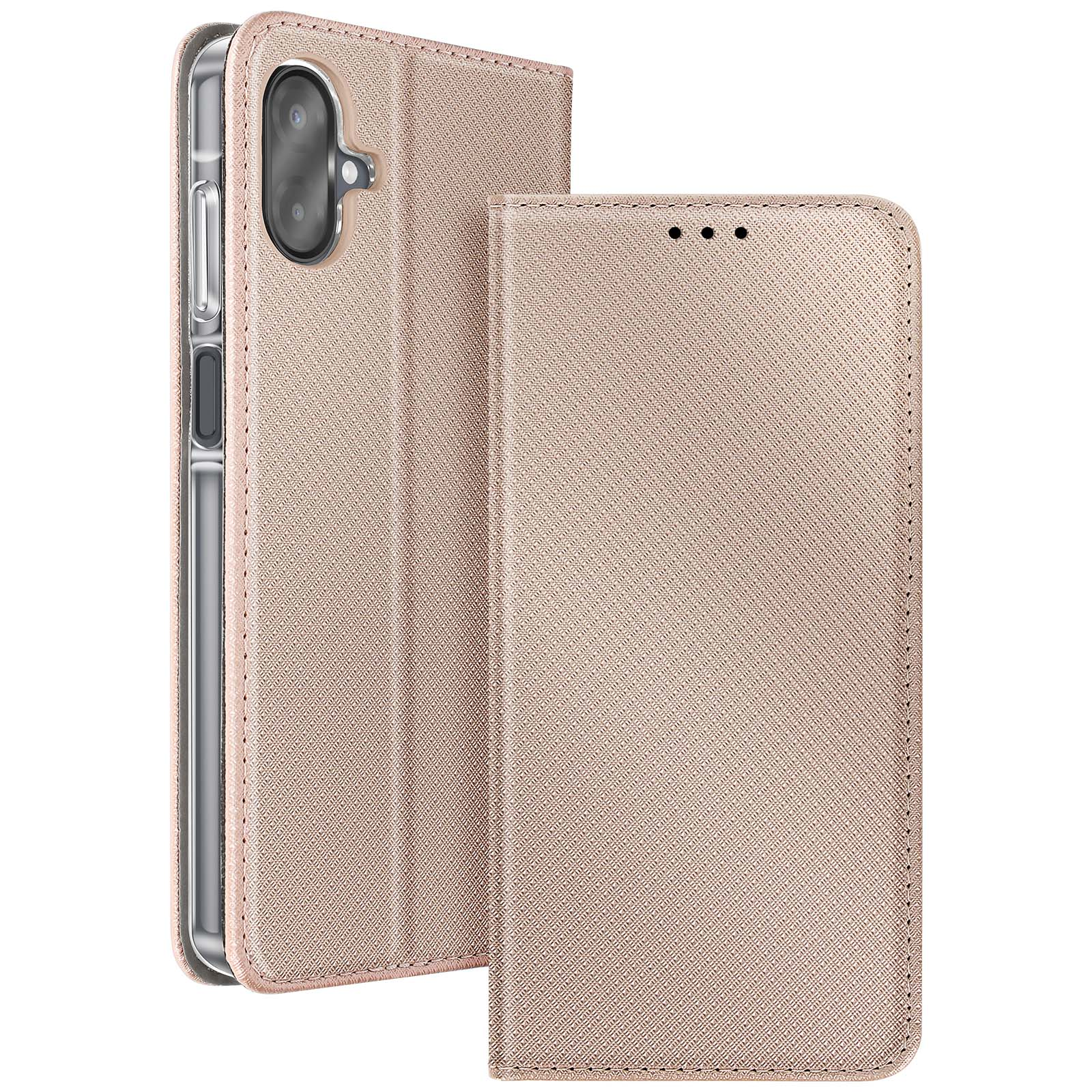 Custodia rosa per telefono, coperchio anteriore aperto. La custodia ha una superficie strutturata con un ritaglio per la fotocamera. Telefono visibile.