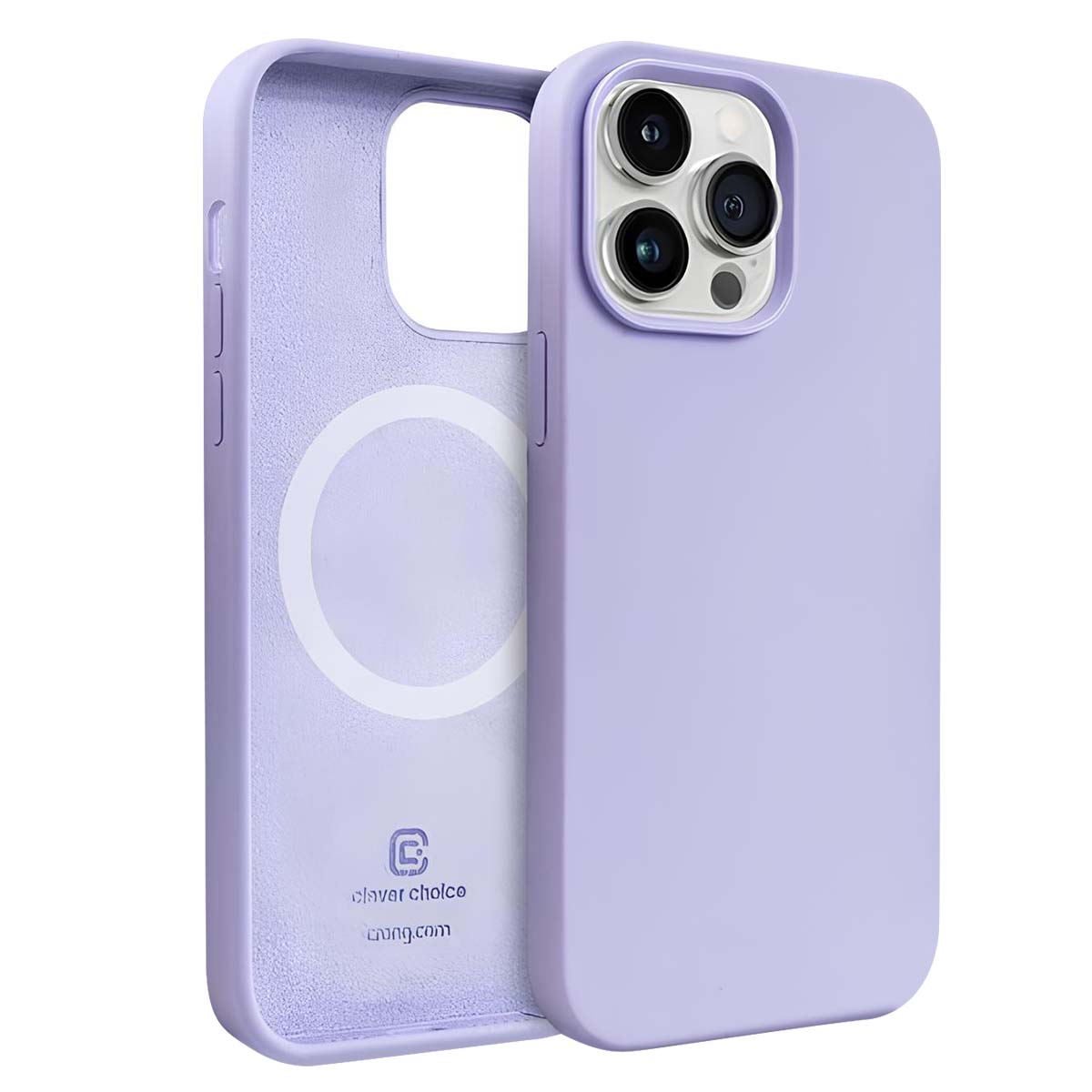 Primo piano di una custodia per telefono lavanda. La custodia è aperta, mostrando l'interno. I ritagli della fotocamera sono visibili.