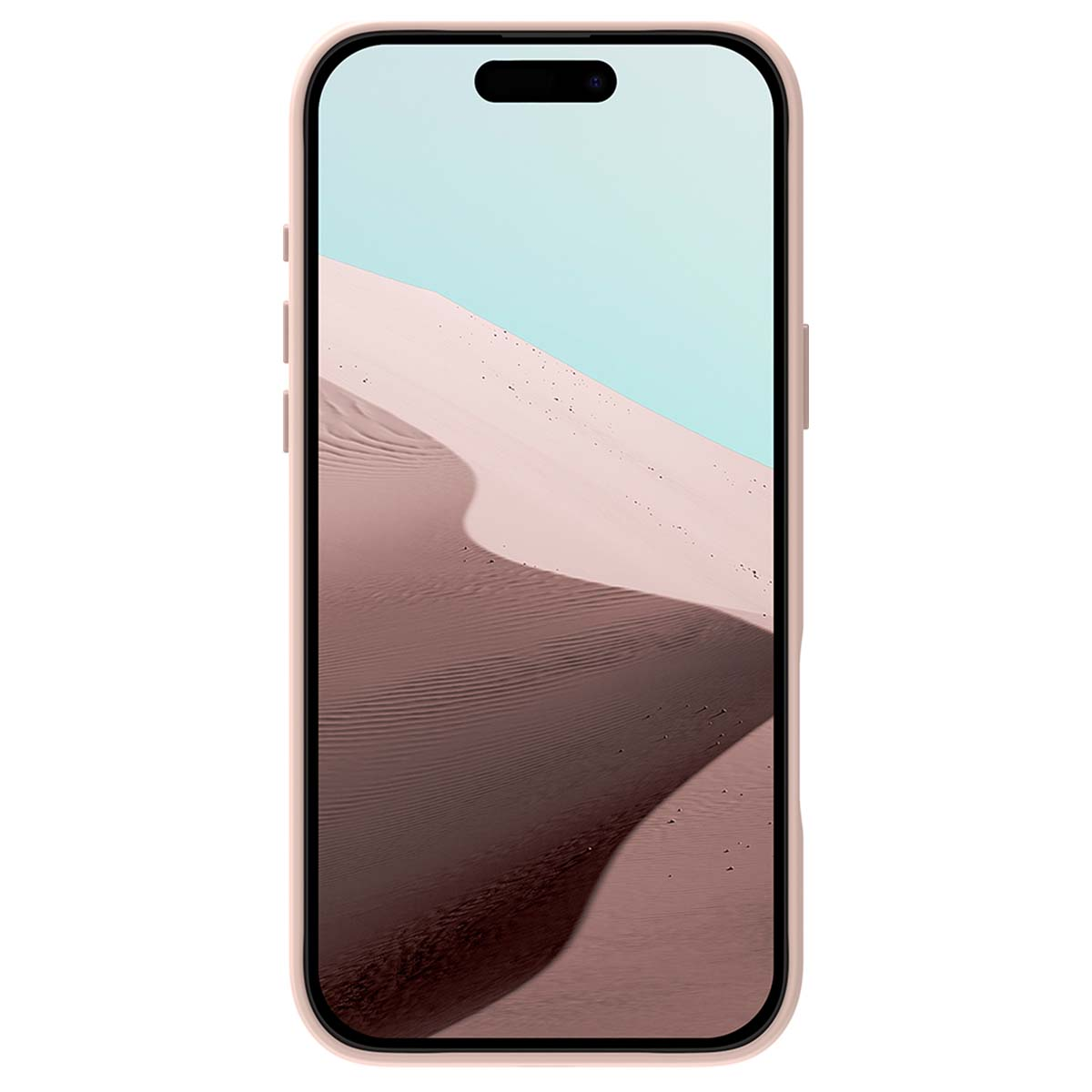 iPhone affichant un paysage désertique. Le téléphone est dans un étui rose. L'écran montre des dunes sous un ciel bleu.