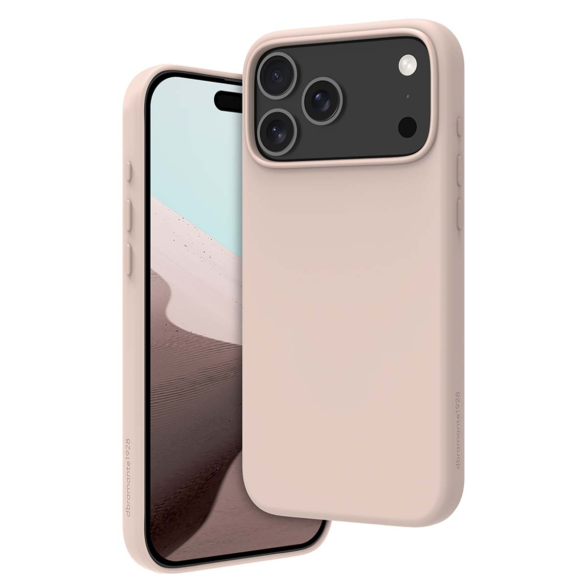 Uno smartphone in una custodia rosa chiaro è mostrato, leggermente angolato. Lo schermo mostra un paesaggio con dune di sabbia. La custodia ha un modulo fotocamera.