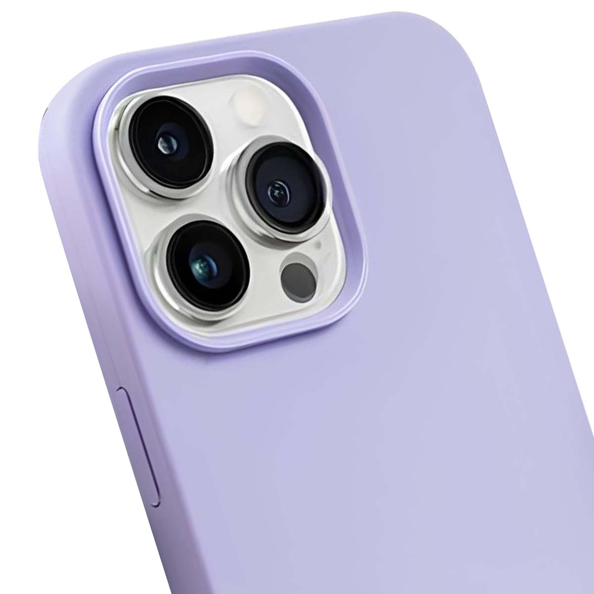 Primo piano di una custodia per telefono lilla con lenti della fotocamera. La custodia ha bordi arrotondati. Il modulo fotocamera ha tre lenti e un flash.