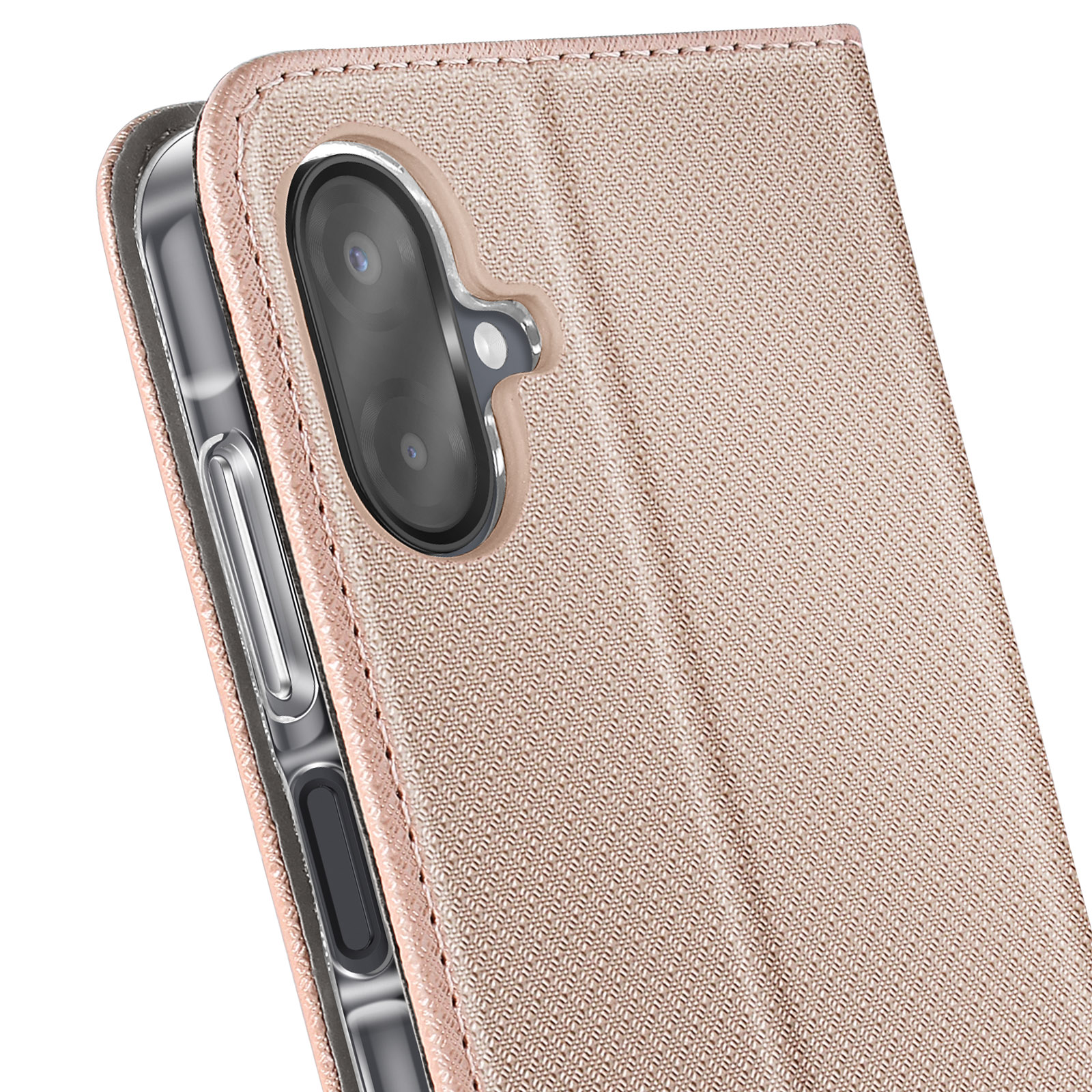 Primo piano di una custodia per telefono. La custodia è rosa con superficie strutturata. L'obiettivo della fotocamera è visibile.