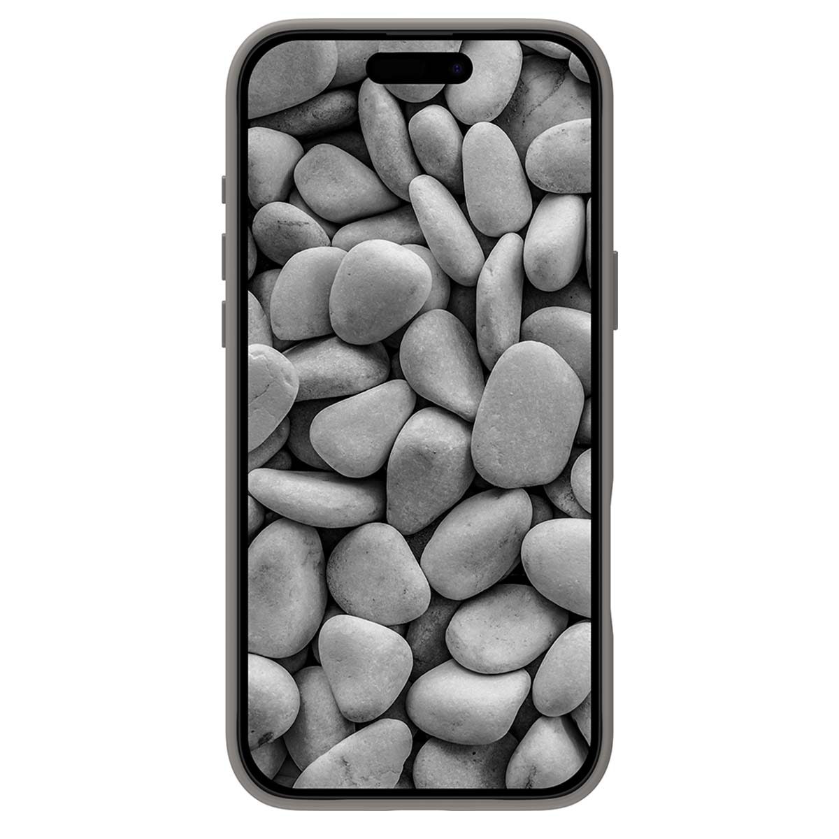Custodia per telefono con design a ciottoli in scala di grigi. Pietre arrotondate riempiono lo schermo, varie dimensioni, sfumature di grigio, custodia grigio scuro.