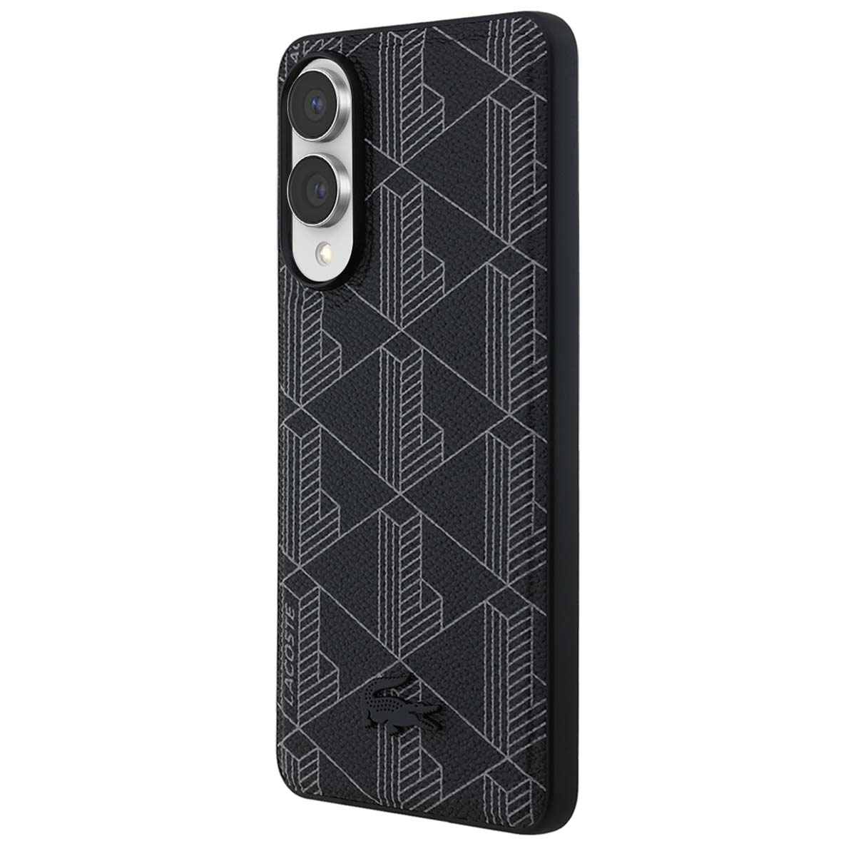Una funda de teléfono con un patrón geométrico negro. La funda tiene un módulo de cámara y un logo de Lacoste.