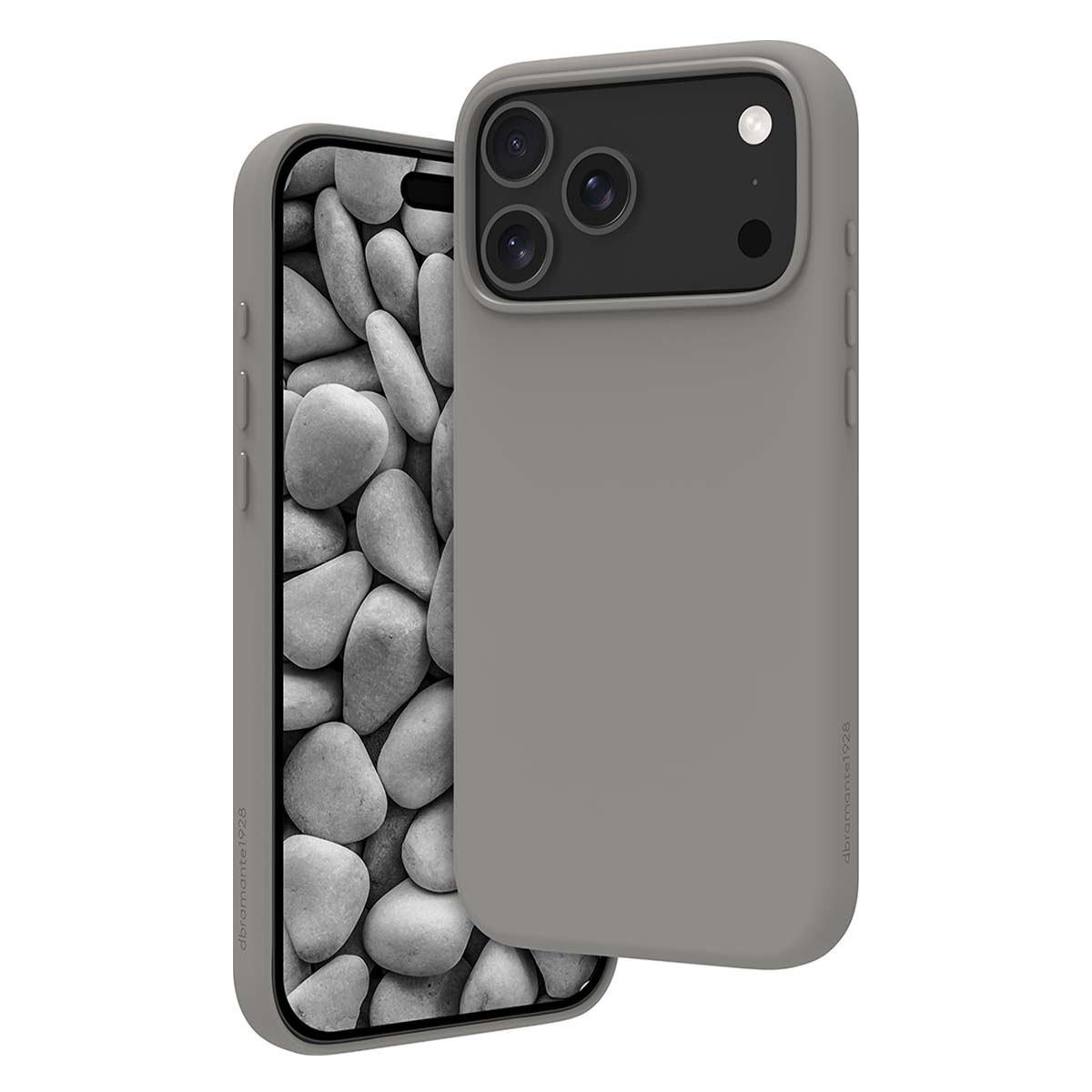 Graue Handyhülle mit Handy. Der Bildschirm zeigt graue Steine. Die Hülle hat drei Kameralinsen und einen Blitz.