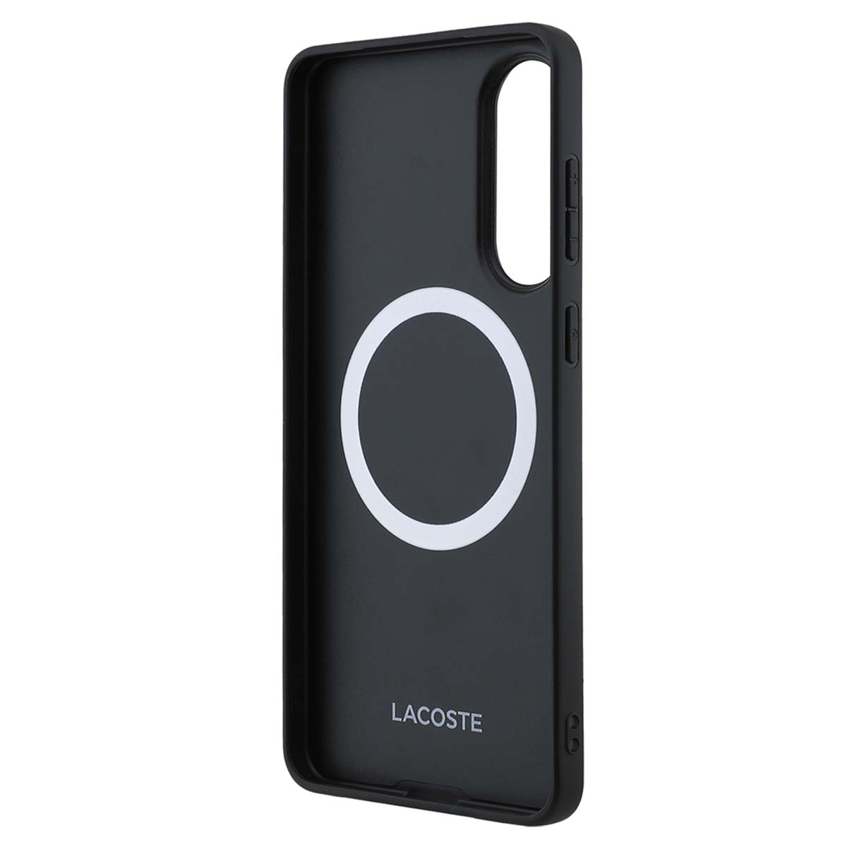 Custodia nera per telefono con cerchio bianco e logo Lacoste. Pulsanti laterali.