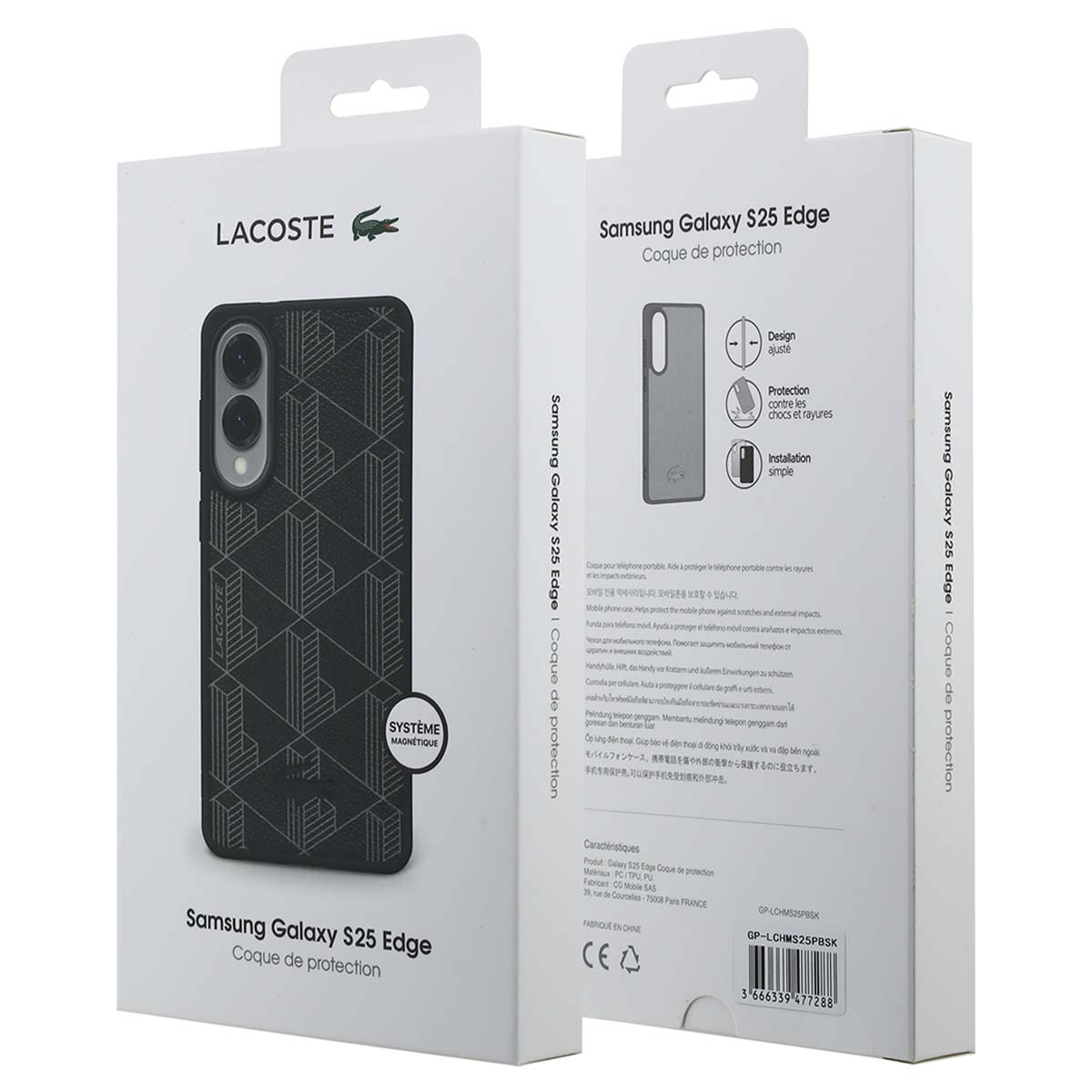 Una caja de funda de teléfono con el logo de Lacoste. Muestra una funda de teléfono e información del producto.