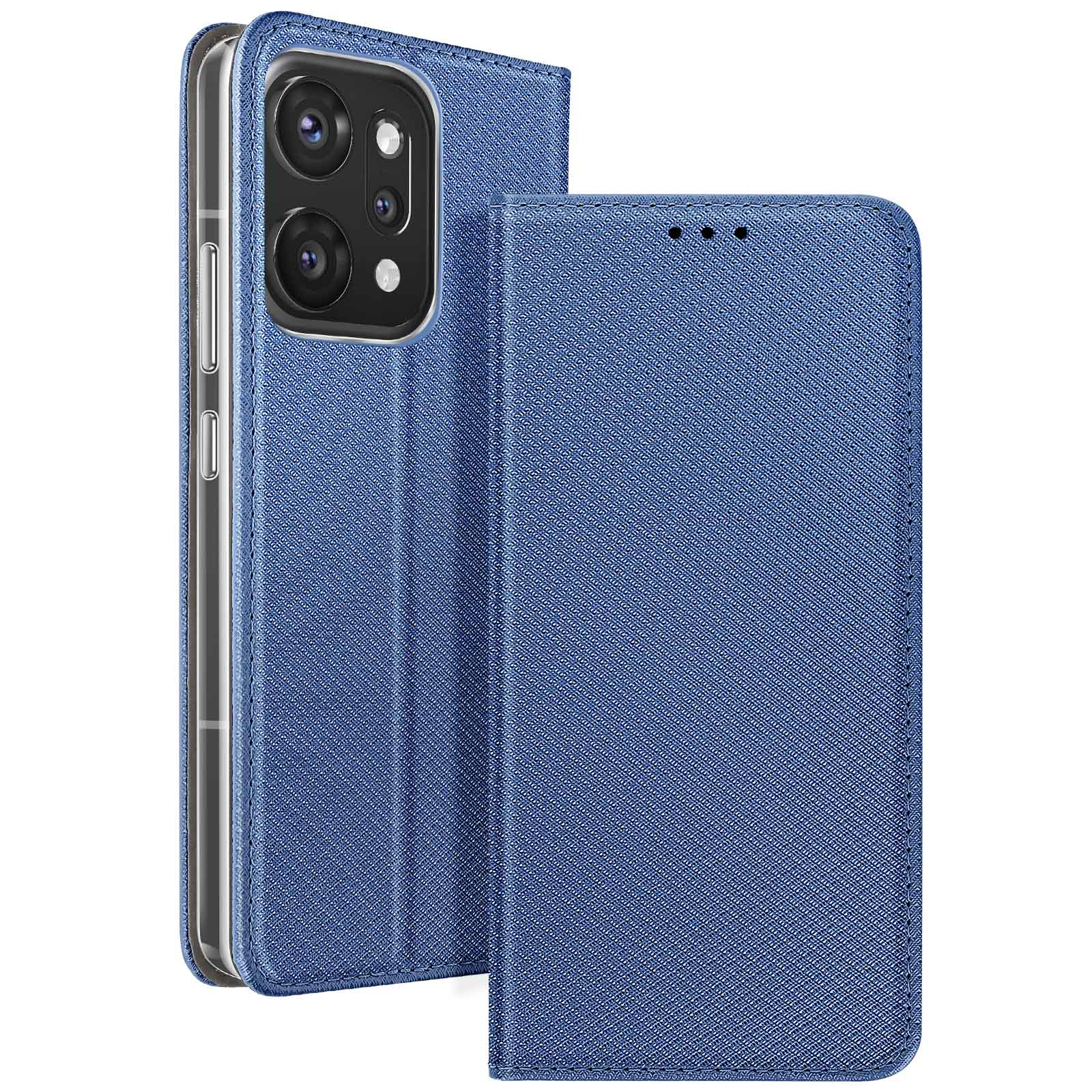 Custodia blu per telefono con telefono all'interno. La custodia è aperta, mostrando la fotocamera e lo schermo.