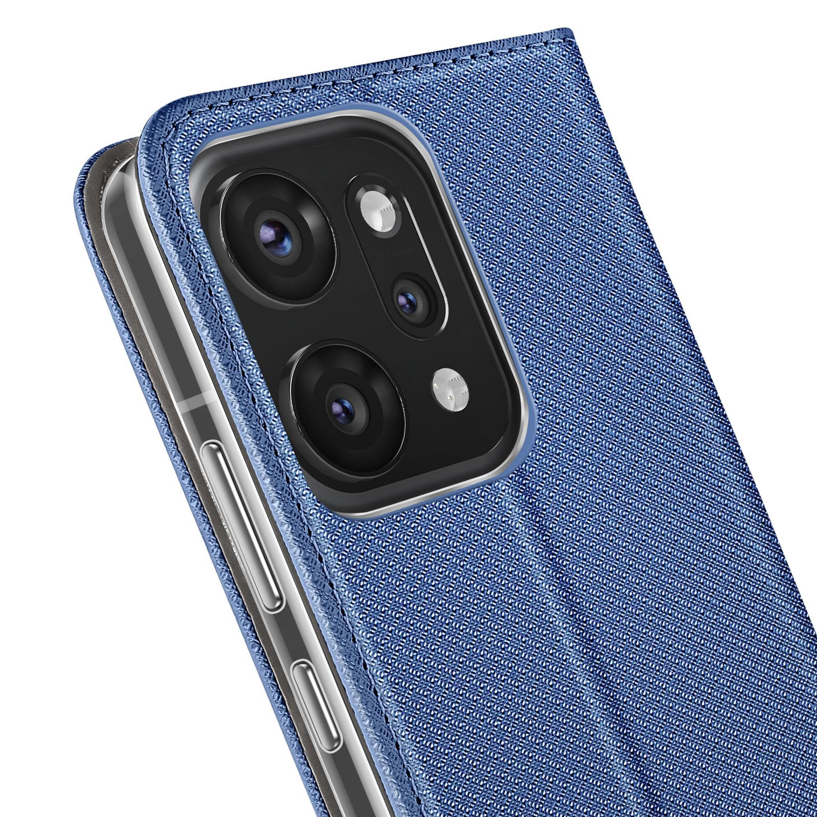 Primo piano di una custodia blu per telefono con la fotocamera del telefono visibile. La custodia ha una superficie strutturata ed è parzialmente aperta.