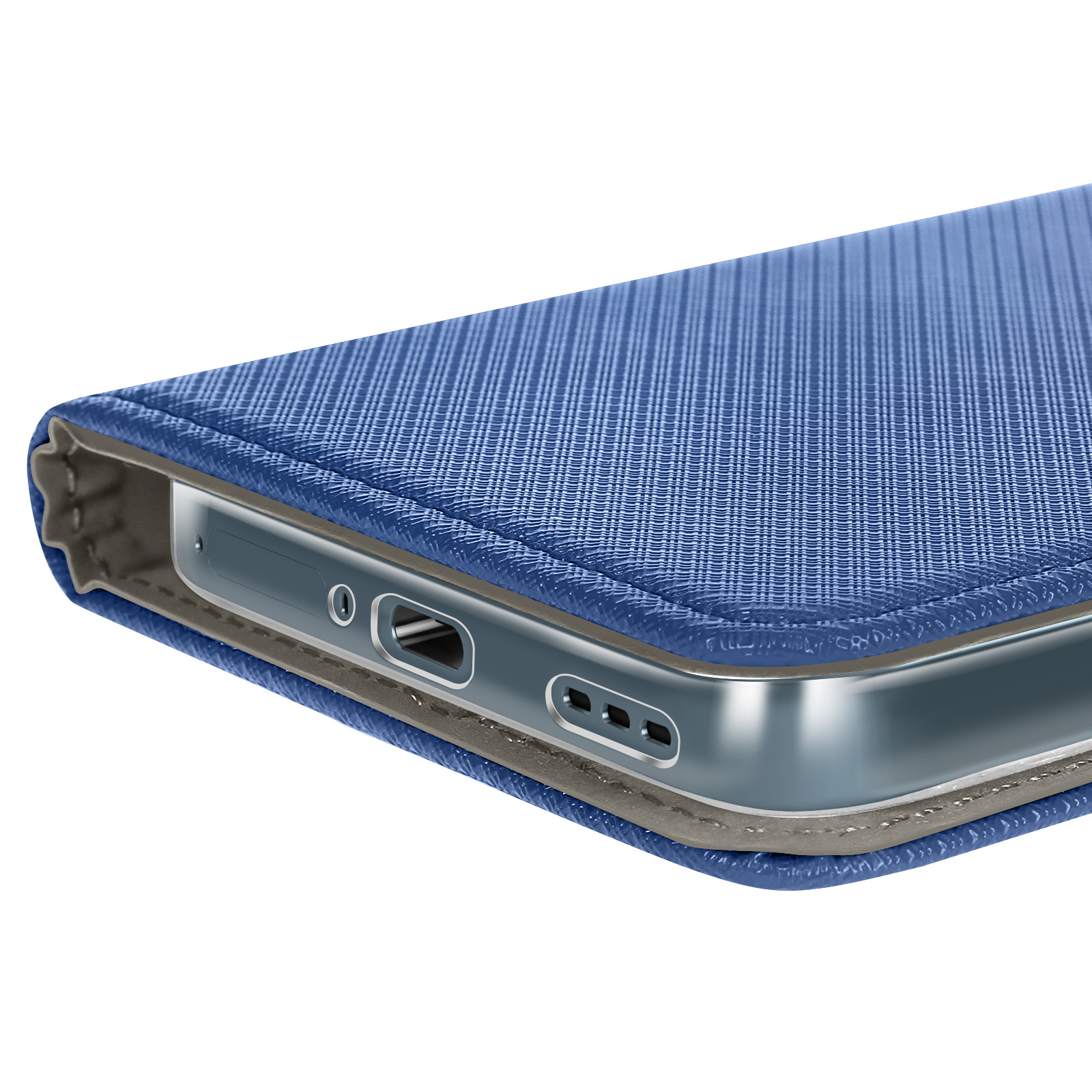 Primo piano di una custodia blu per telefono con superficie strutturata. Il bordo del telefono è visibile, con porte e pulsanti.