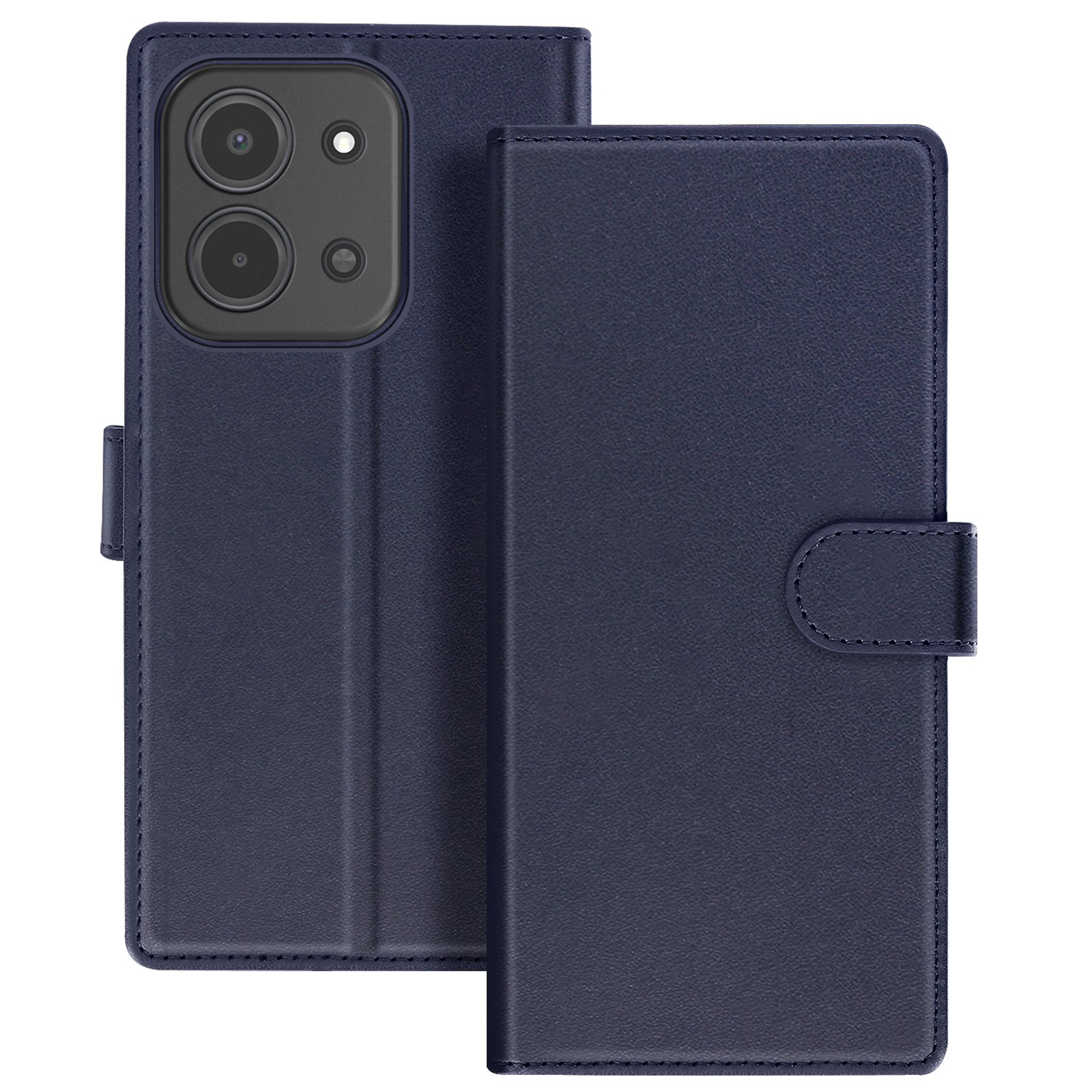 Un étui de téléphone bleu marine est ouvert, montrant la caméra du téléphone. L'étui a une fermeture magnétique.