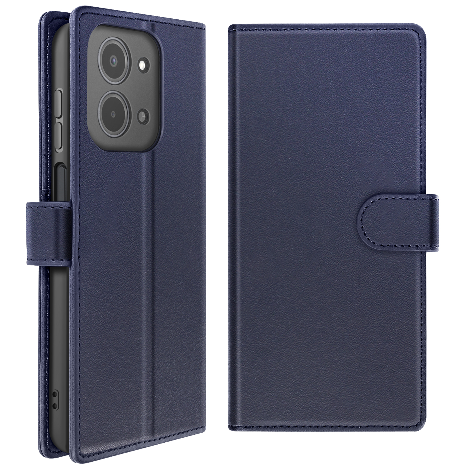 Un étui de téléphone bleu foncé ouvert et fermé. Il possède une fermeture magnétique et de l'espace pour les lentilles de l'appareil photo du téléphone.