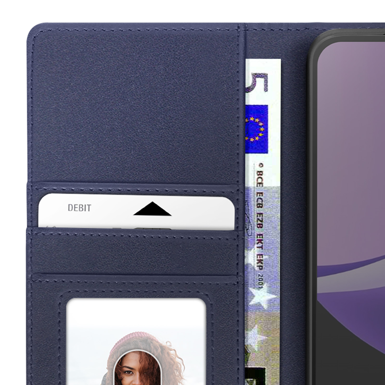 Un portefeuille bleu marine avec un billet de cinq euros, une carte de débit et une photo. Un téléphone est visible à droite.