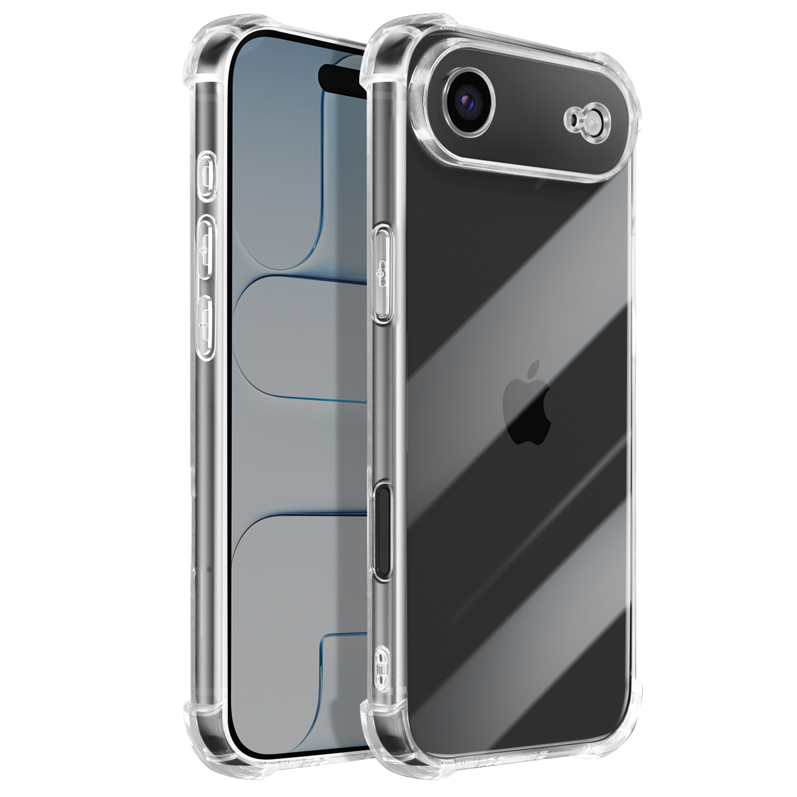 Due custodie trasparenti per telefoni. Una con il telefono all'interno che mostra uno schermo. L'altra vuota. Logo Apple visibile.