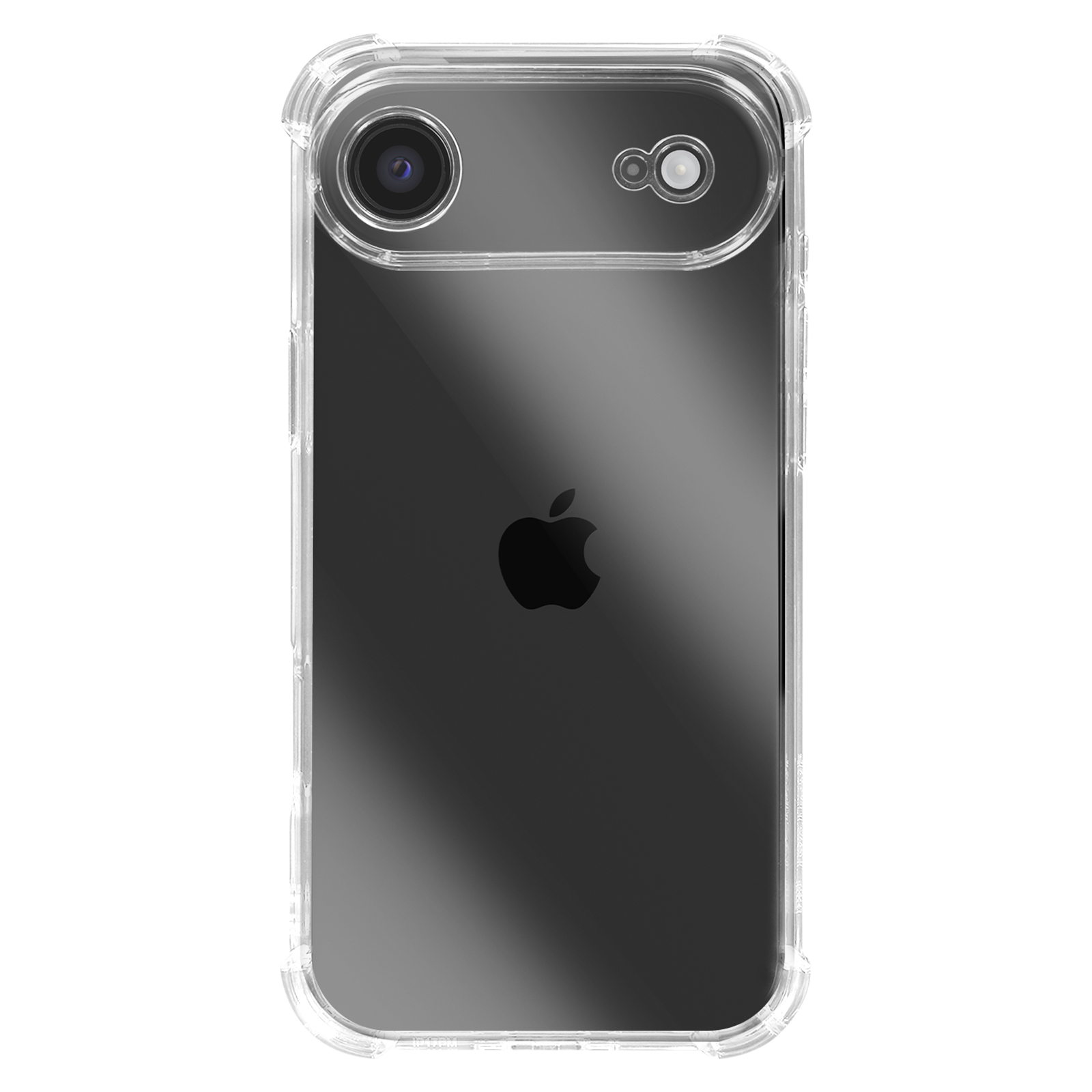 Custodia trasparente con iPhone. Logo Apple visibile. La custodia ha ritagli per la fotocamera e un bordo trasparente.