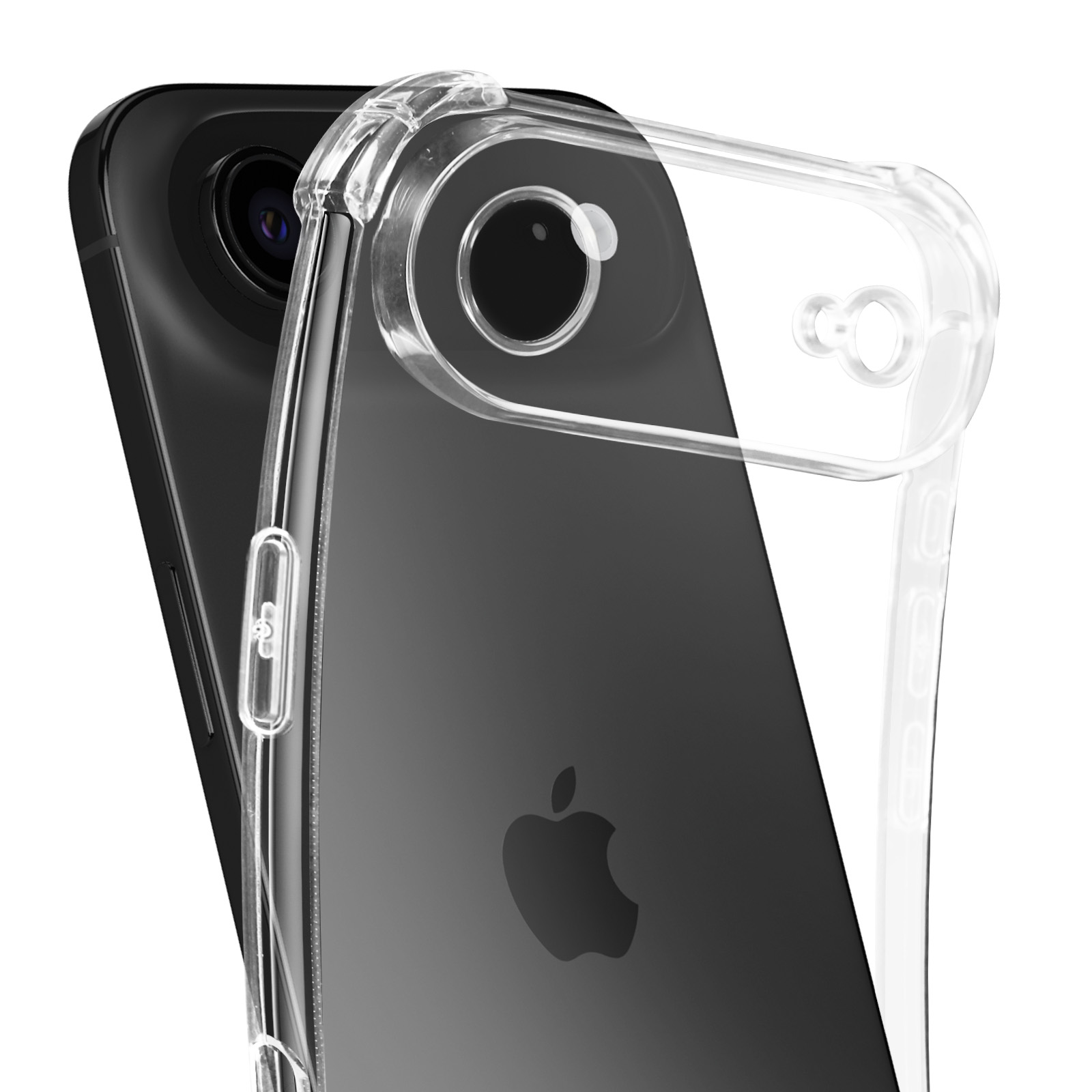 Smartphone nero con custodia trasparente. Logo Apple visibile. Obiettivo della fotocamera e pulsanti laterali visibili.