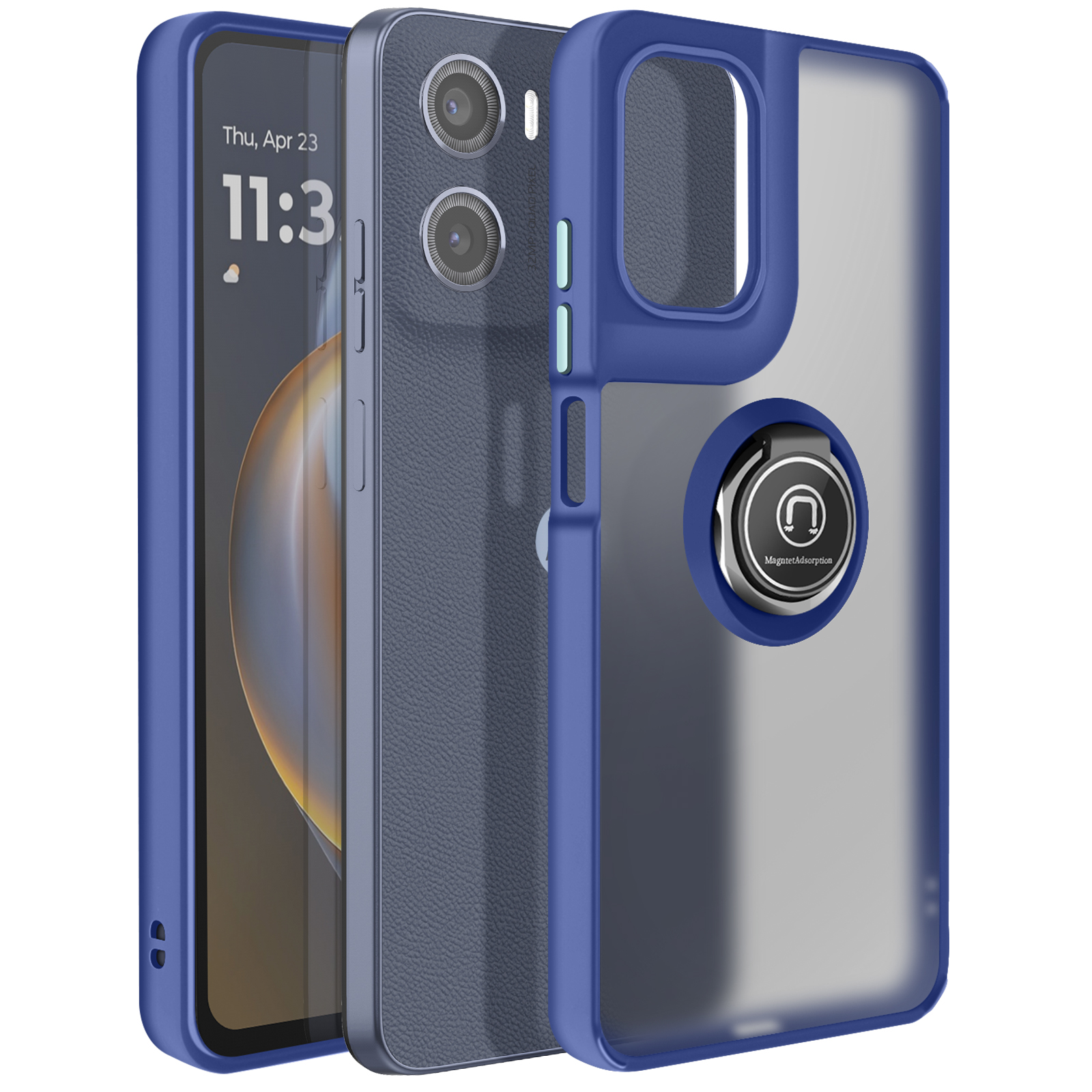 Een telefoon in een blauwe case met een ringhouder. De telefoon toont datum en tijd. De achtergrond is wit.