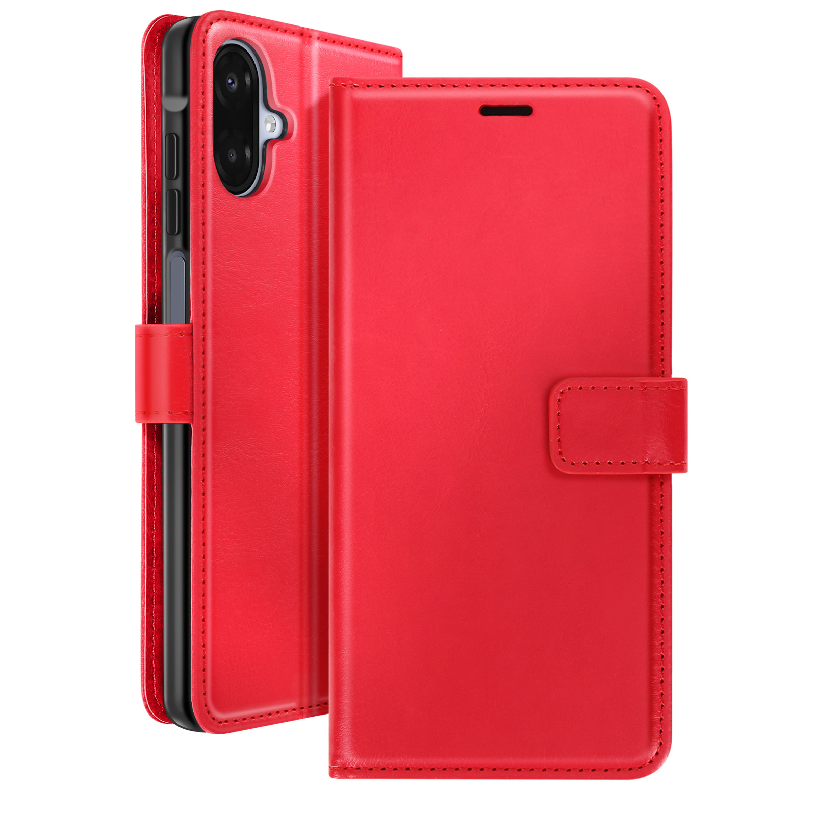 Un étui de téléphone en cuir rouge, ouvert. Le téléphone est visible sur le côté gauche.