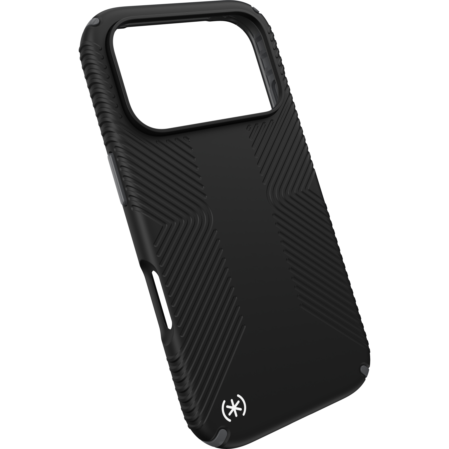 Een zwarte telefoonhoes met een getextureerde achterkant en zijkanten. Het heeft een grote camera-opening en een logo.