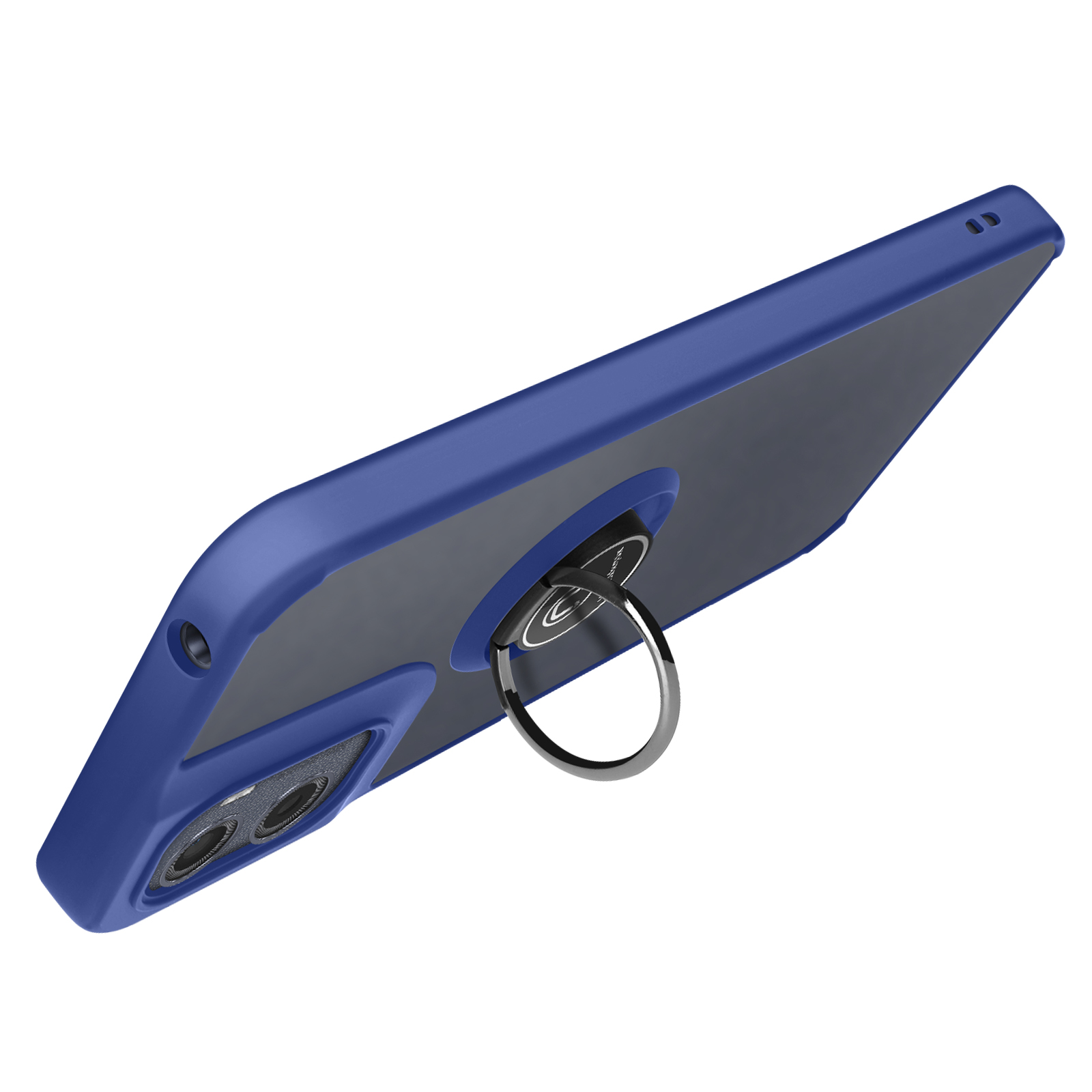Blauwe telefoonhoes met een ringhouder. Beschikt over dubbele cameralenzen. De achtergrond is wit.