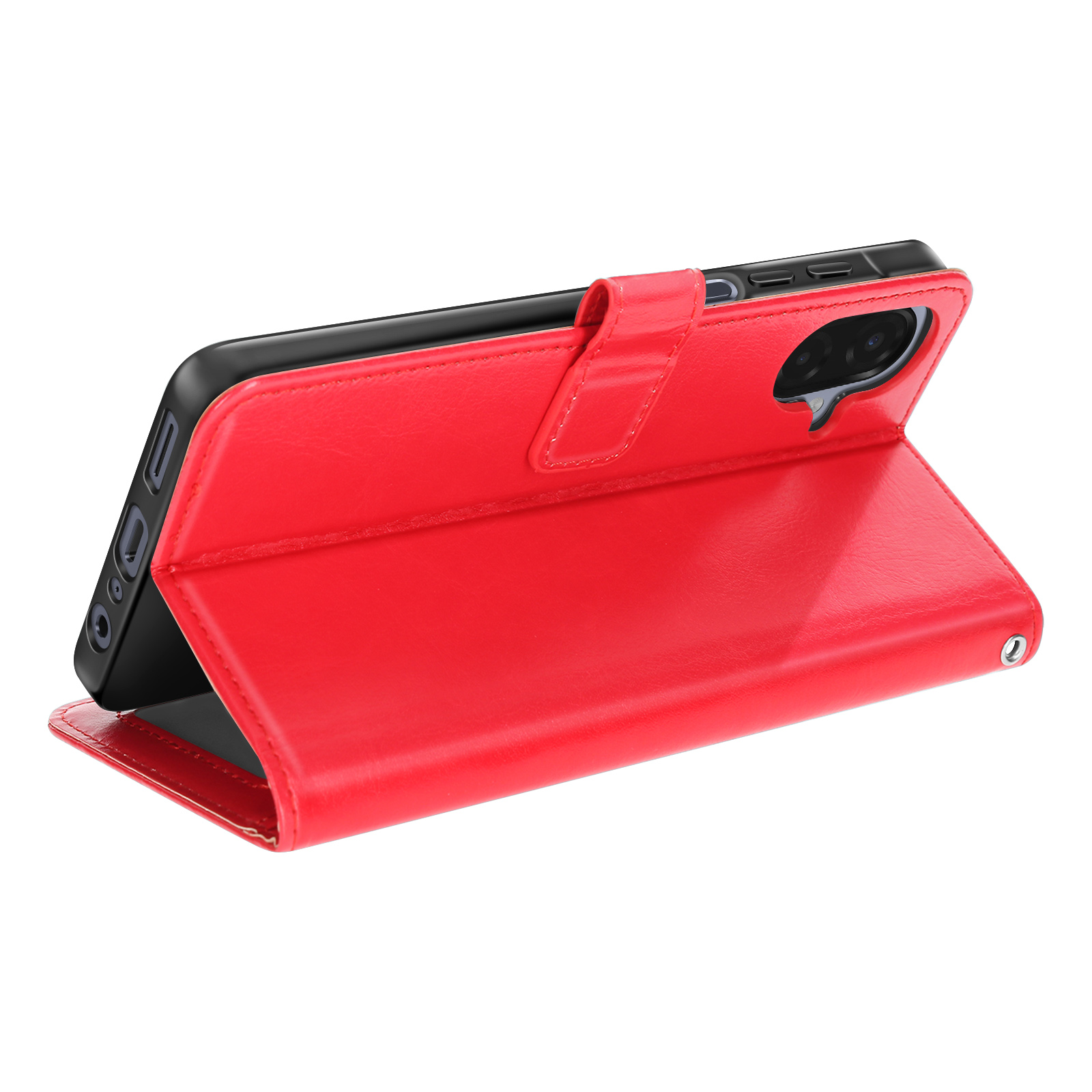 Étui de téléphone rouge, ouvert, montrant un téléphone noir. L'étui a une fermeture magnétique. Fond blanc.