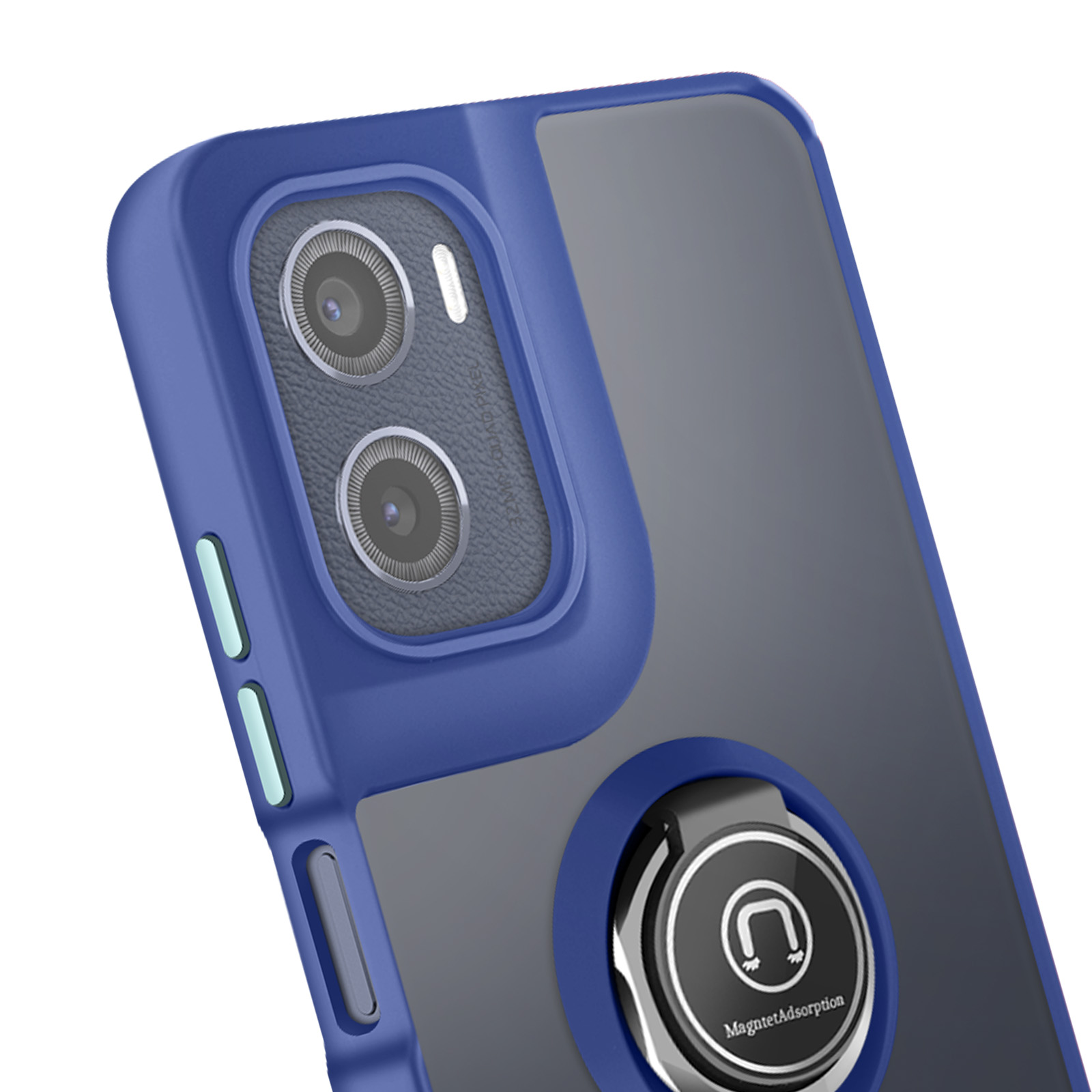 Blauwe telefoonhoes met een ringhouder. Voorzien van dubbele cameralenzen en zijknoppen. De ringhouder zegt 'MagnetAdsorption'.