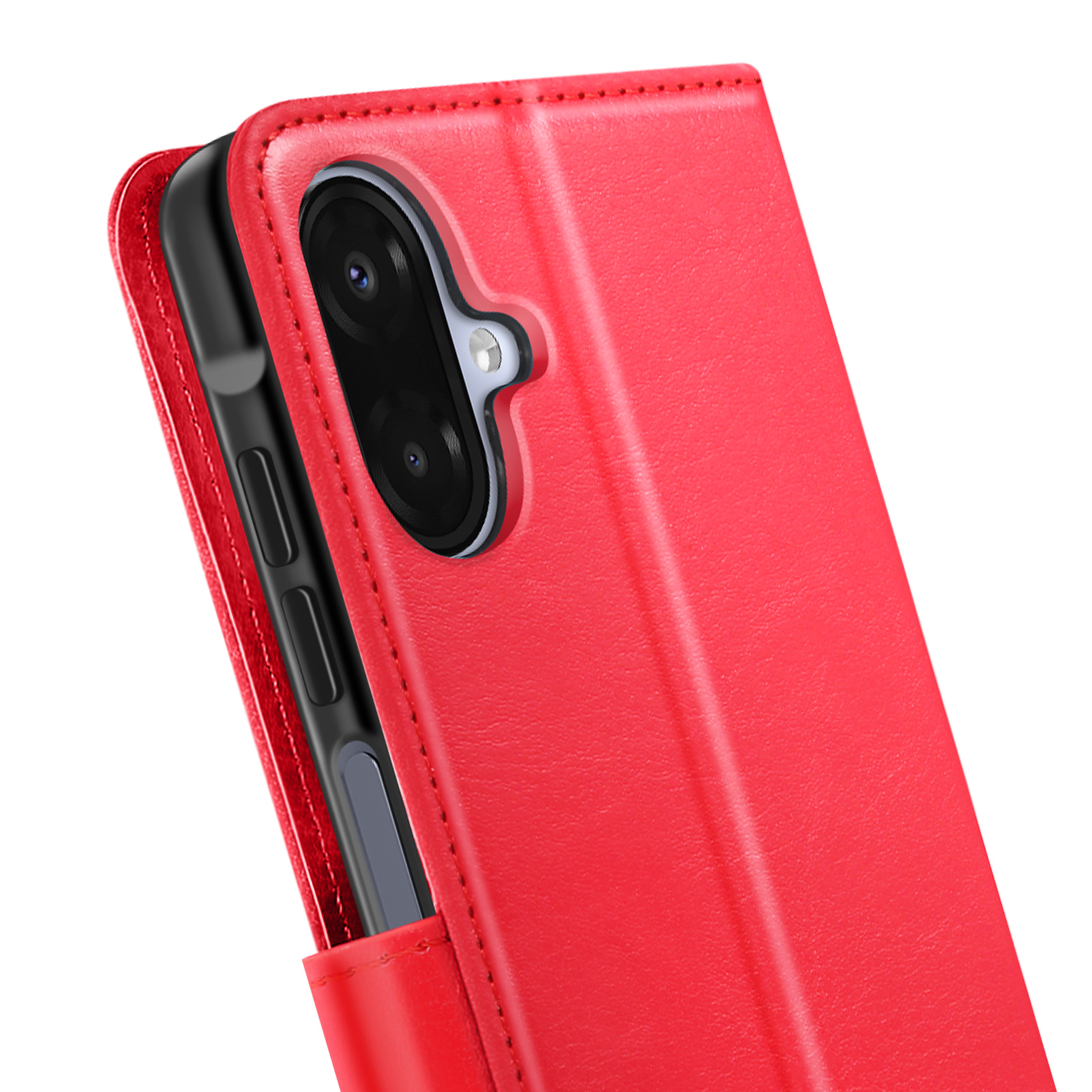 Étui de téléphone rouge avec un téléphone à l'intérieur. L'étui est ouvert, montrant l'appareil photo et les boutons.