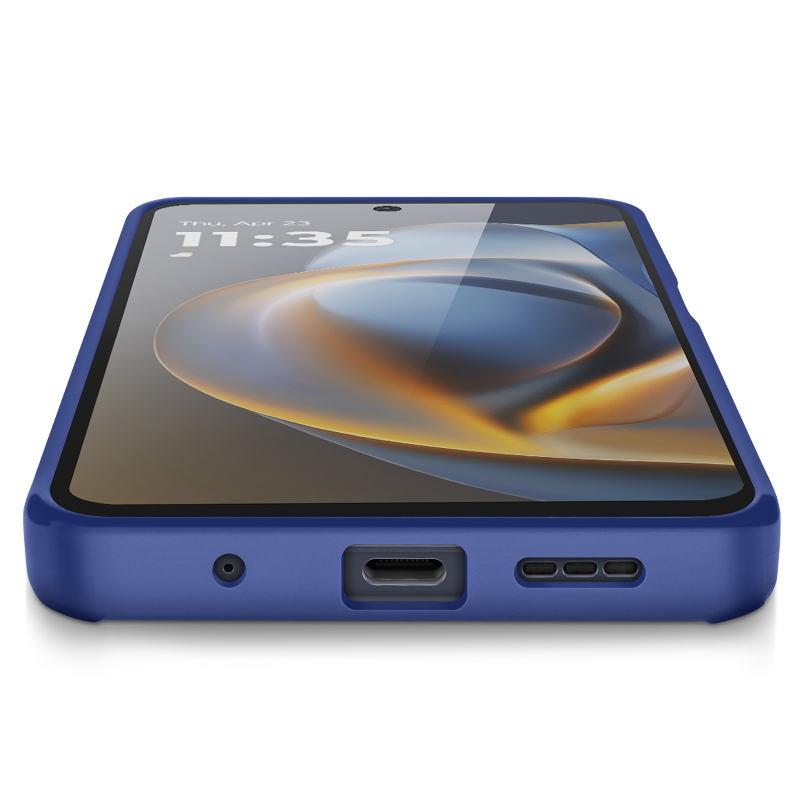 Blauwe telefoon in een hoesje, met het scherm met de tijd. De onderkant heeft poorten en gaten.