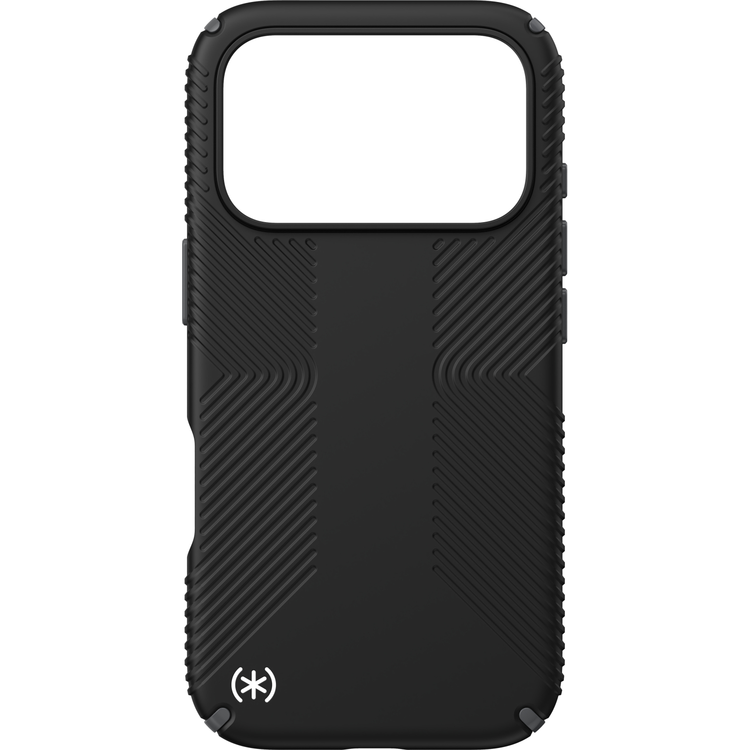 Een zwarte telefoonhoes met een uitsparing voor de camera. Het heeft getextureerde zijkanten en een logo onderaan. De hoes is stevig.