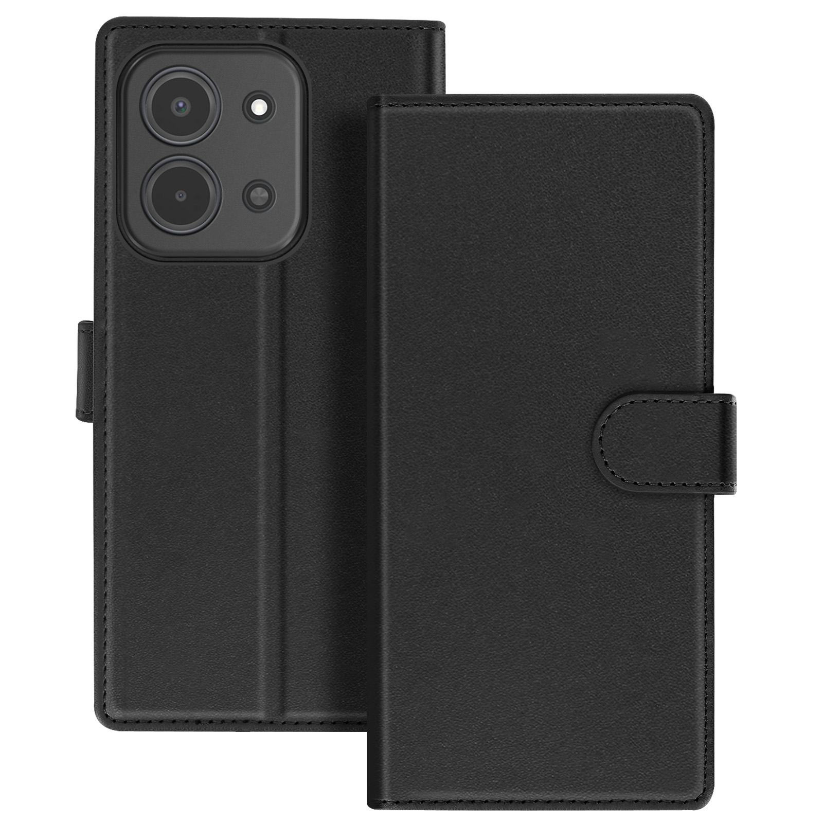 Coque de téléphone noire. L'étui est ouvert, montrant un support de téléphone et un rabat avec fermeture magnétique.