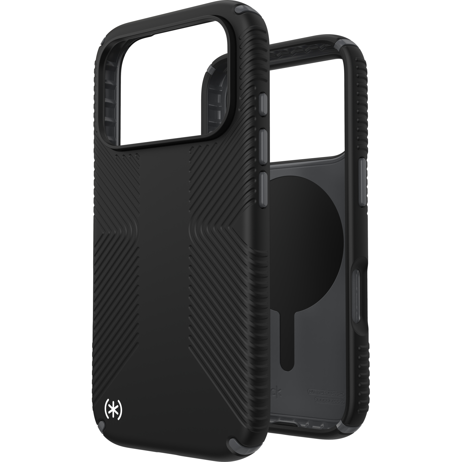 Twee zwarte telefoonhoesjes. Eén vooraan, de andere achteraan. Ze hebben een textuur en een logo. De achtergrond is wit.