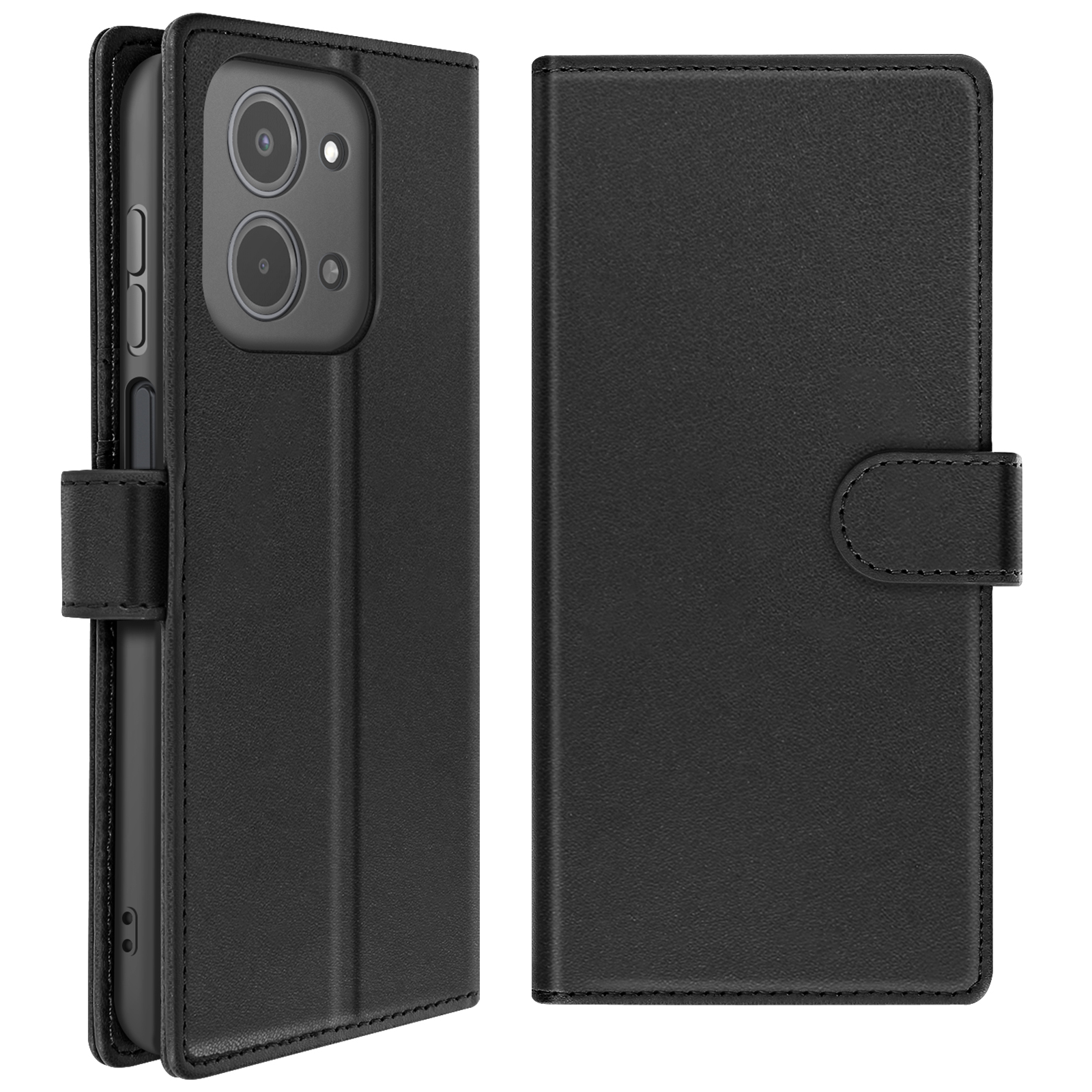 Étui de téléphone en cuir noir, ouvert pour révéler le téléphone. Comprend des découpes pour l'appareil photo et une fermeture magnétique.