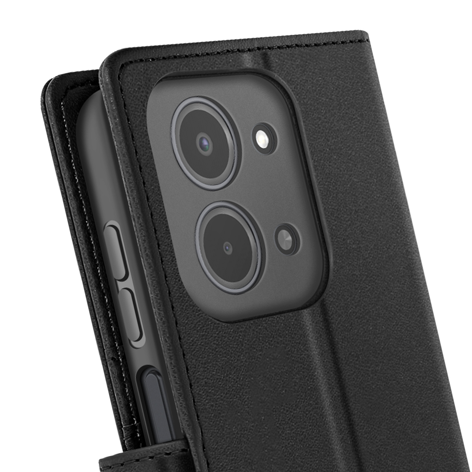 Gros plan sur un étui de téléphone noir avec un téléphone à l'intérieur. L'étui comporte plusieurs lentilles d'appareil photo et des boutons.