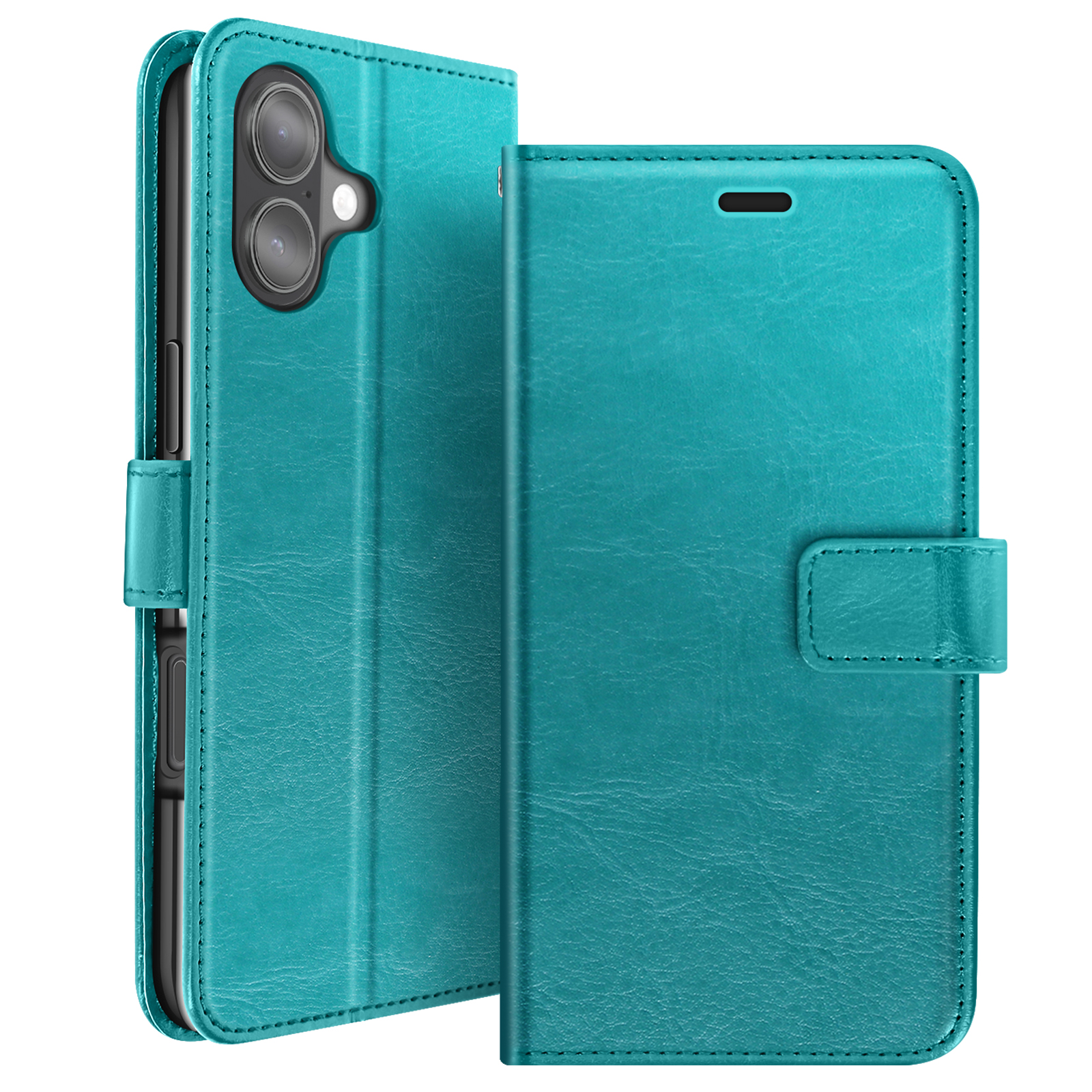 Una custodia per telefono verde acqua, aperta. La custodia è strutturata in pelle e ha una chiusura magnetica. La fotocamera del telefono è visibile.
