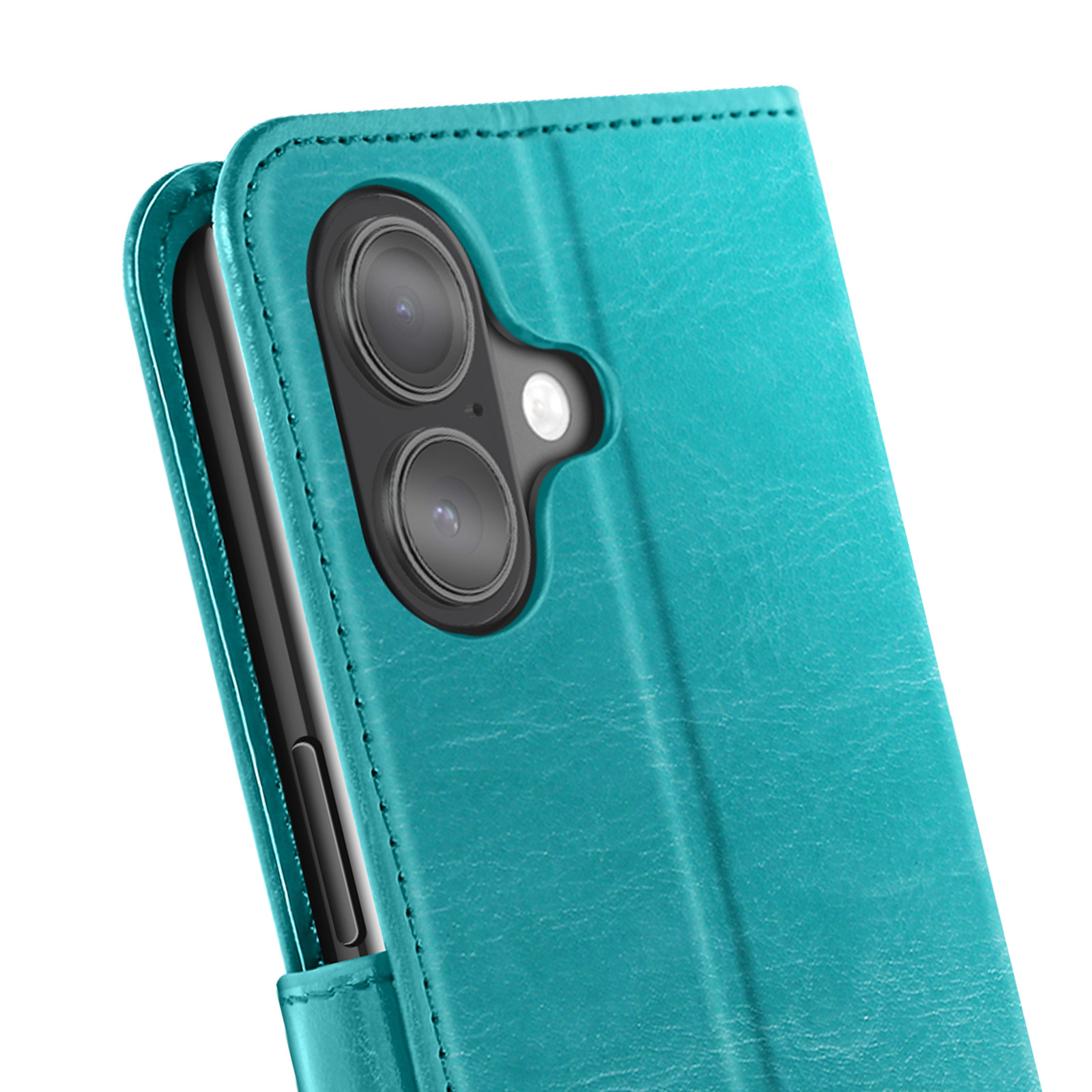 Una custodia per telefono turchese con modulo fotocamera. La custodia è aperta, rivelando un telefono nero. Sfondo bianco.