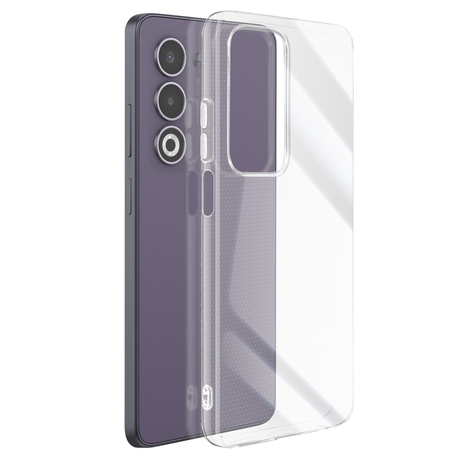 Uno smartphone viola con una custodia trasparente. Ha tre obiettivi e una custodia trasparente.