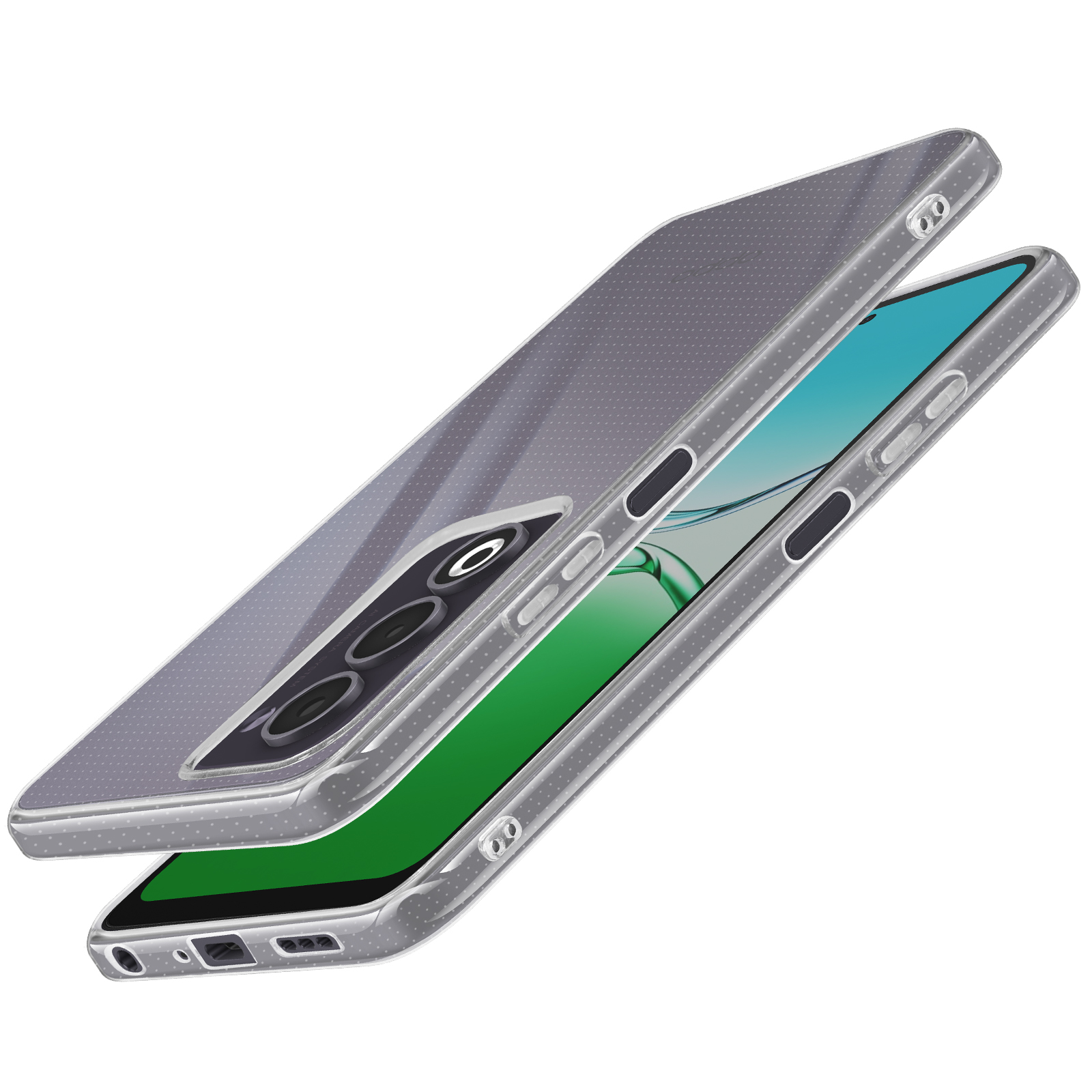 Custodia trasparente per telefono. La custodia ha un motivo grigio a pois. Lo schermo mostra colori verdi e blu. Il telefono ha tre fotocamere.