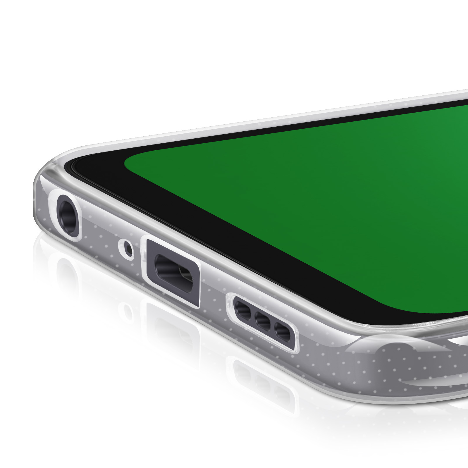 Primo piano di uno smartphone con schermo verde. Il telefono è in una custodia trasparente con aperture e punti.