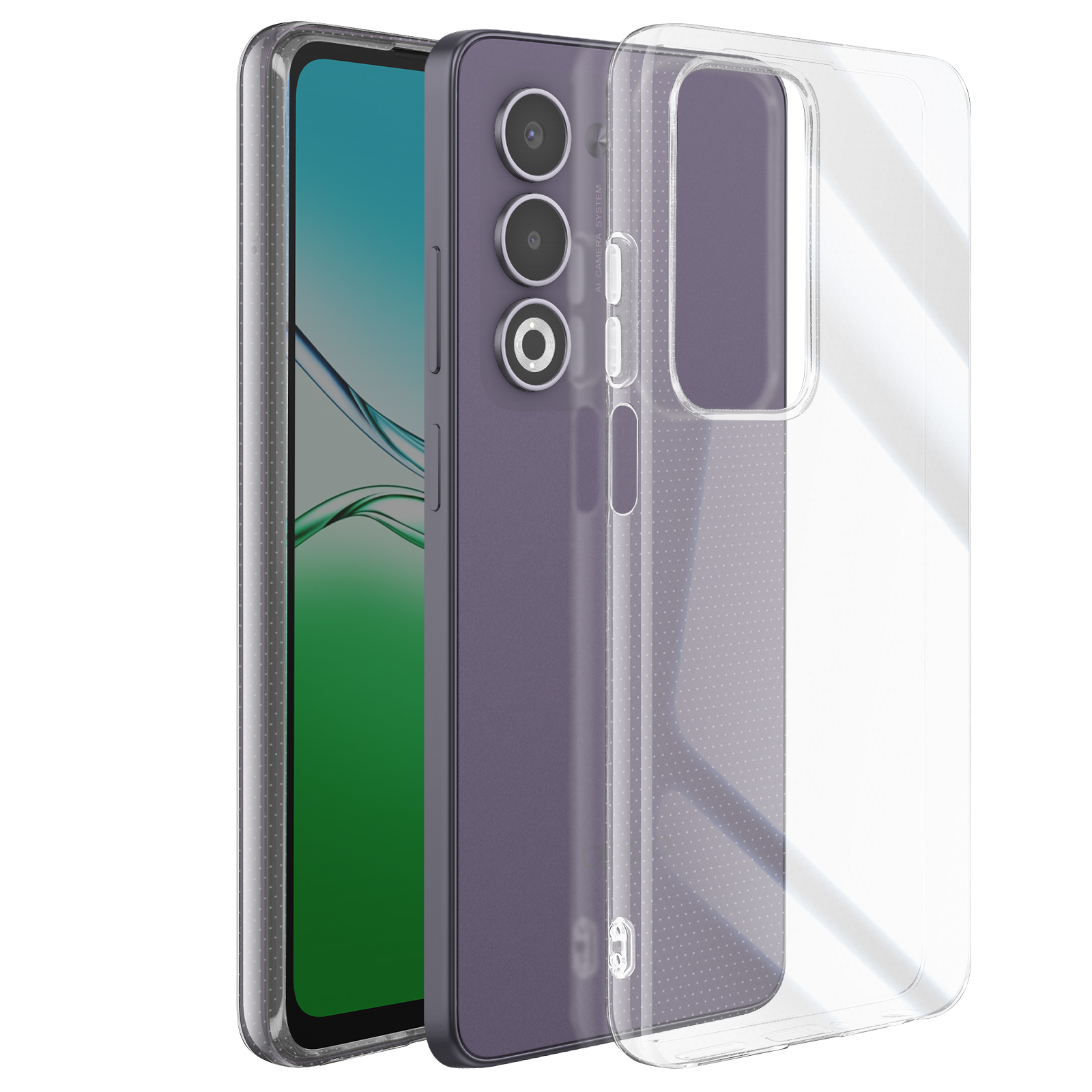 Uno smartphone con retro viola e custodia trasparente in mostra. Lo schermo mostra un'immagine colorata.