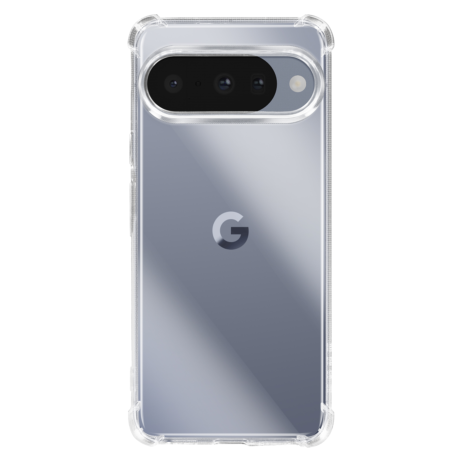 Une coque transparente protège un Google Pixel 7. Le téléphone est gris et la coque a un pare-chocs transparent.