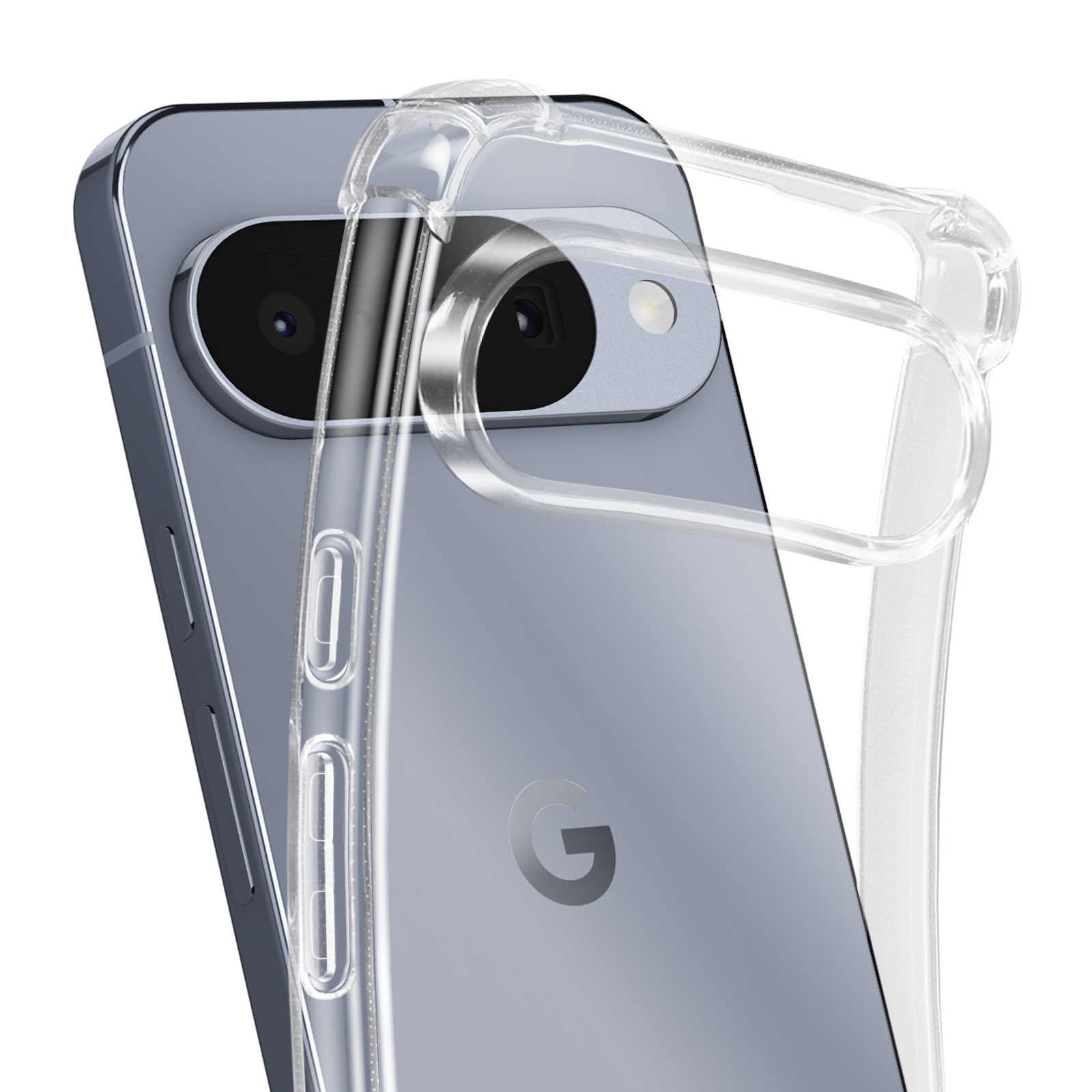 Un étui de téléphone transparent est sur un téléphone bleu-gris. L'étui est à l'arrière du téléphone.