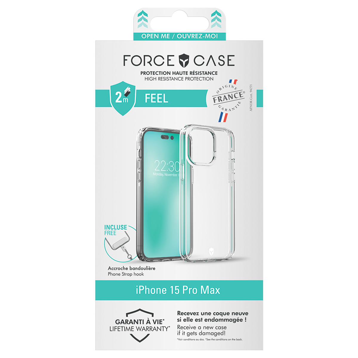 Una confezione di custodia per telefono con telefono e custodia. Il testo include 'FORCE CASE', 'iPhone 15 Pro Max' e 'LIFETIME WARRANTY'.