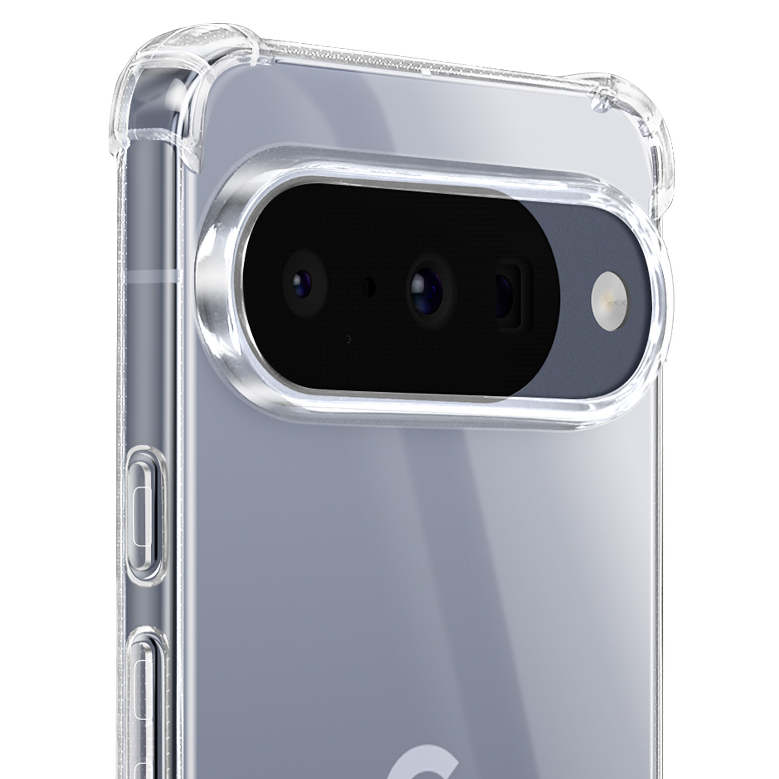 Gros plan d'un téléphone dans un étui transparent. Le téléphone a un module caméra avec plusieurs lentilles et un flash.