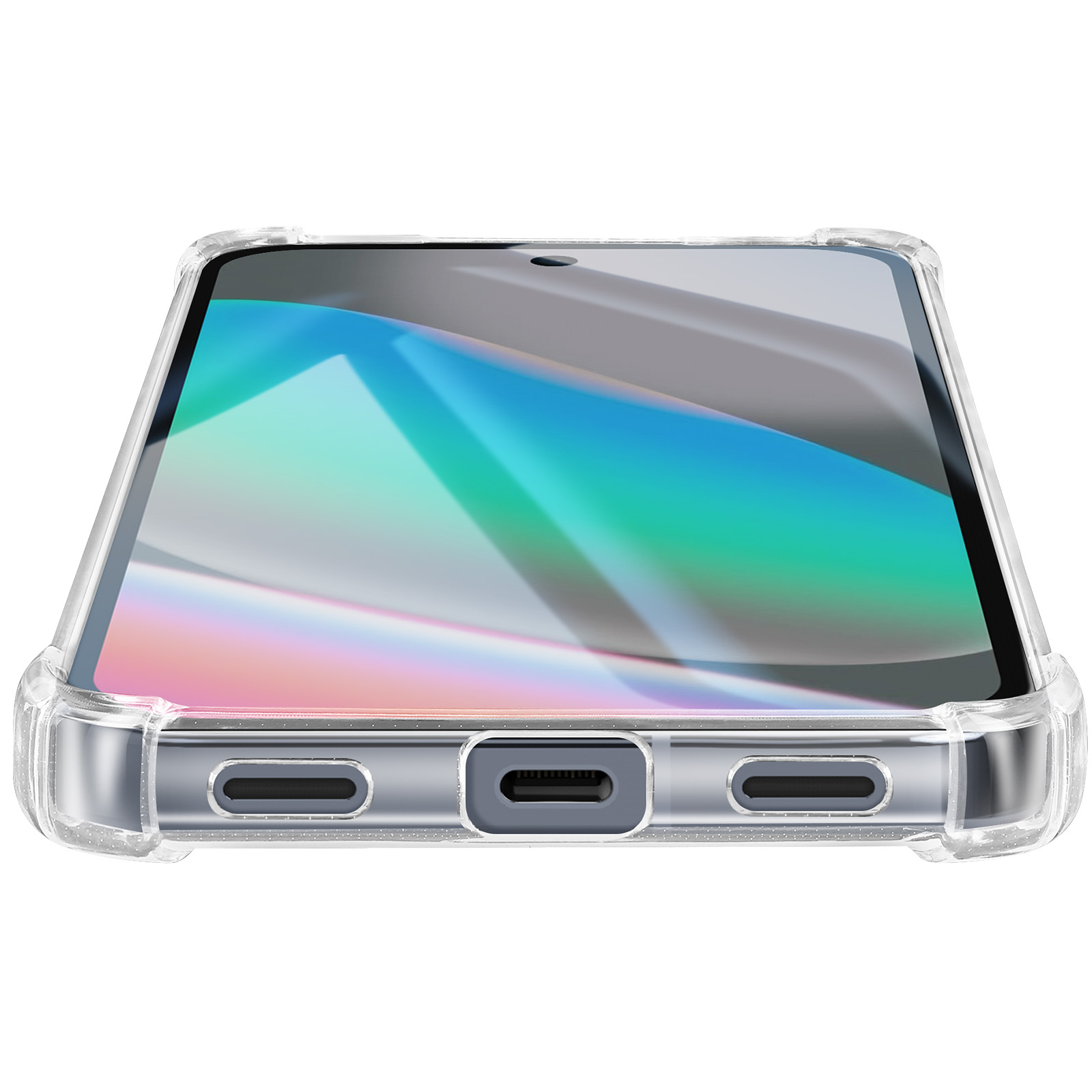 Une coque de téléphone transparente protégeant un smartphone. L'écran affiche des reflets lumineux colorés. Le bas a des ports de charge.